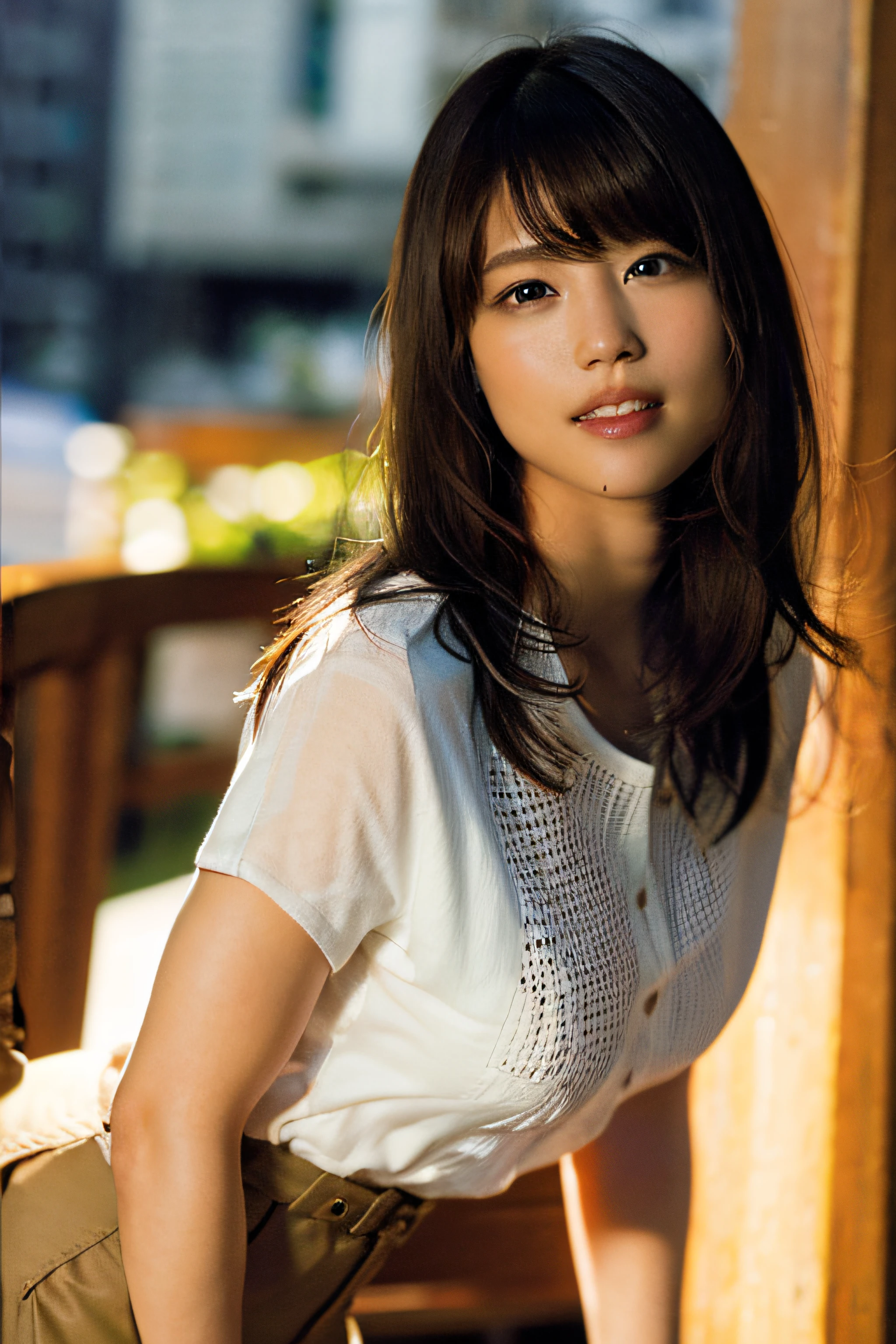 (8k, RAW photo, best quality, masterpiece:1.2), (realistic, photo-realistic:1.37), ultra-detailed, ultra high res,1 girl,looking at viewer,beautiful detailed face,smile,narrow,(slim waist:1.3),shirt, beautiful detailed skin, skin texture, floating hair,professional lighting,