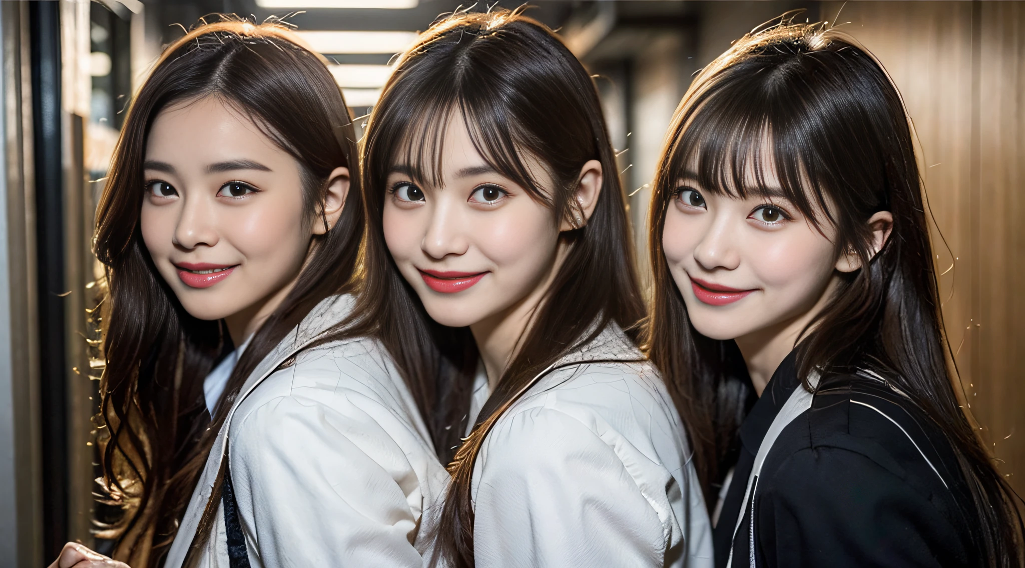 (8K、Raw photography、top-quality、​masterpiece:1.2)、ultra-detailliert、ultra res、(hyper reality、superrealism)ultra-detailliert、ultra res、(realisitic、Real Photographics:1.47)、（Hugging each other）Leaning closer、It's snowing、yuki、Powder snow（The World of Silver）Hugging、电影灯光、de pele branca、Fair-skinned female proofreading、An ultra-high picture quality、Stylish lighting、Beautiful female proofreading reflecting in light、amazing detailed、Beautiful girls in very detailed、Faces with different patterns、Different face patterns、Each hairstyle has its own characteristics、Farbe々Hairstyle、Farbe々Hair color、Circle of Angels、Having a conversation in a classroom at school、Brown hair shining in the light、One has a ponytail、、Modern cute high school girl、very detailed faces very detailed eyes、Very realistic skin、 extremely detailed fingers, highly detailed nose, highly detail mouth, perfect anatomia, Highly detailed sailor suit、highly detailed back ground,After school、Smiling school girls are gathered in the hallway of the school。They are hugging each other in uniform、、The details of their hair and uniforms shine through.。, famous Japan idol, cute little, Realistic body, de pele branca, glistning skin, Slim body, Long straight hair, (Blunt bangs:1.2), , two japanese schoolgirls posing,