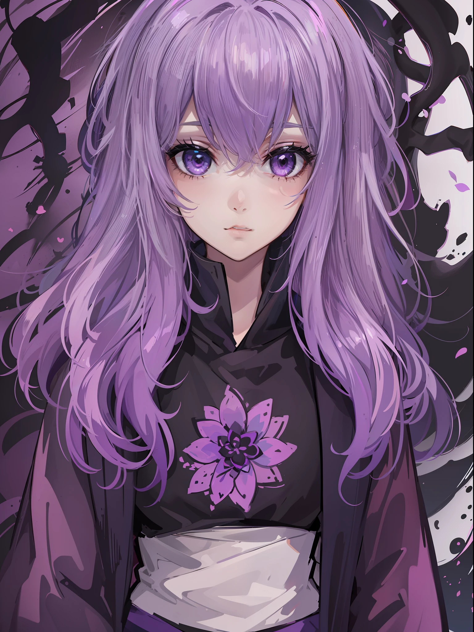 teens girl，sedate，gentleness，Black and purple gradient hair，a purple eye，Don't be alarmed，Japanese manga style