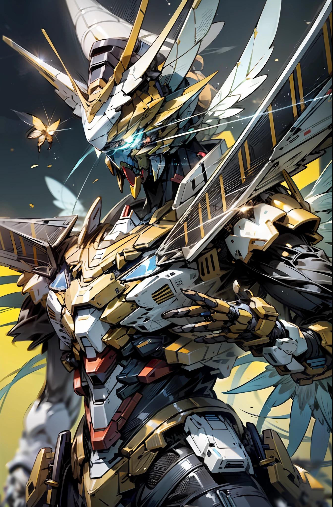 Bokeh, attack, concise, 8k wallpaper, robot, eyes glowing cross blue, mecha, Dapeng spreading its insect wings, holding a spear aiming at the target, diamond, yellow, black, bee Gundam, insect Gundam, look at camera, (half body), ((beast)), bee Gundam, honey,