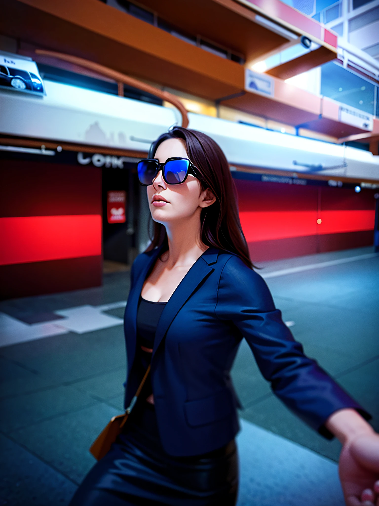 (((low quality photo))), woman, Carrying a bag, at the parking lot, Walk around, with sunglass, With sunglasses, shopping mall, the city street, vr sunglasses, Underground parking, Sunglasses women, 30 year-old woman, mall, In the mall, walking towards camera