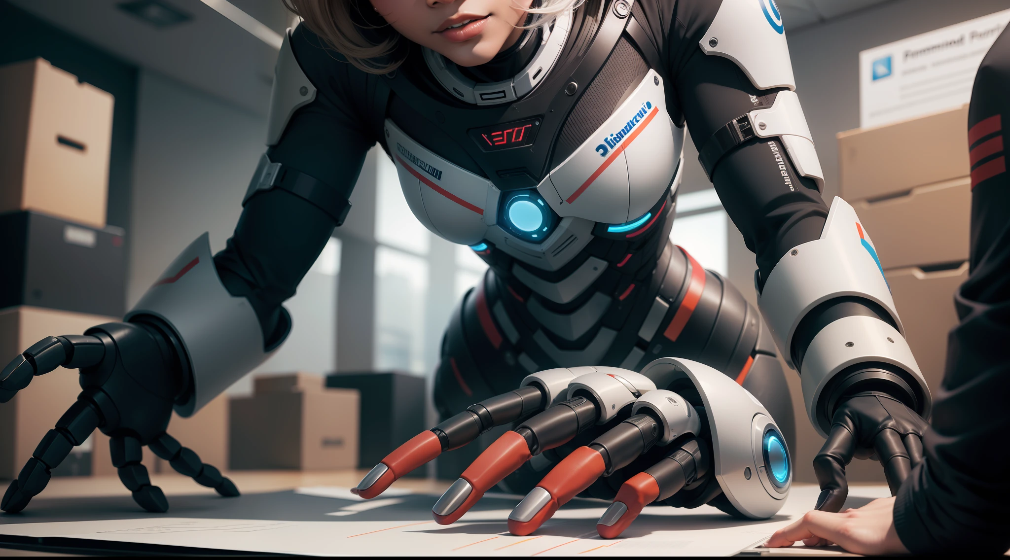 Create an image of people from diverse backgrounds working with financial tools in conjunction with humanoid robots, showing the democratization of finance through AI.