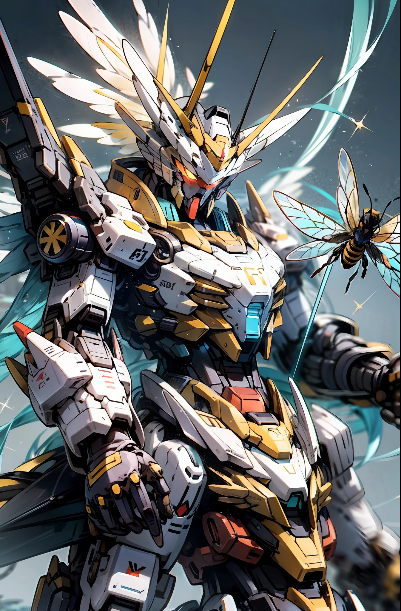 Bokeh, attack, concise, 8k wallpaper, robot, eyes glowing cross blue, mecha, Dapeng spreading its insect wings, holding a spear aiming at the target, diamond, yellow, black, bee Gundam, insect Gundam, look at camera, (half body), ((beast)), bee Gundam, honey,