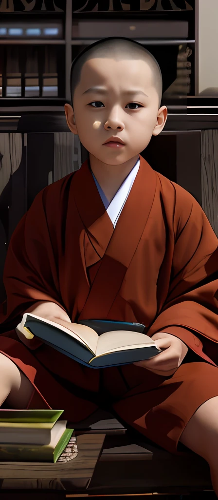 A boy sitting in a chair holds a close-up of a book, monk meditation, Guviz-style artwork, inspired by Zhao Mengfu, style of wlop, inspired by Wu Daozi, Personagem pequeno. Unreal Engine 5, ancient japanese monk, monk clothes, inspired by Li Shixing, monk, Phlegm sputum, phlegm. 4 k''