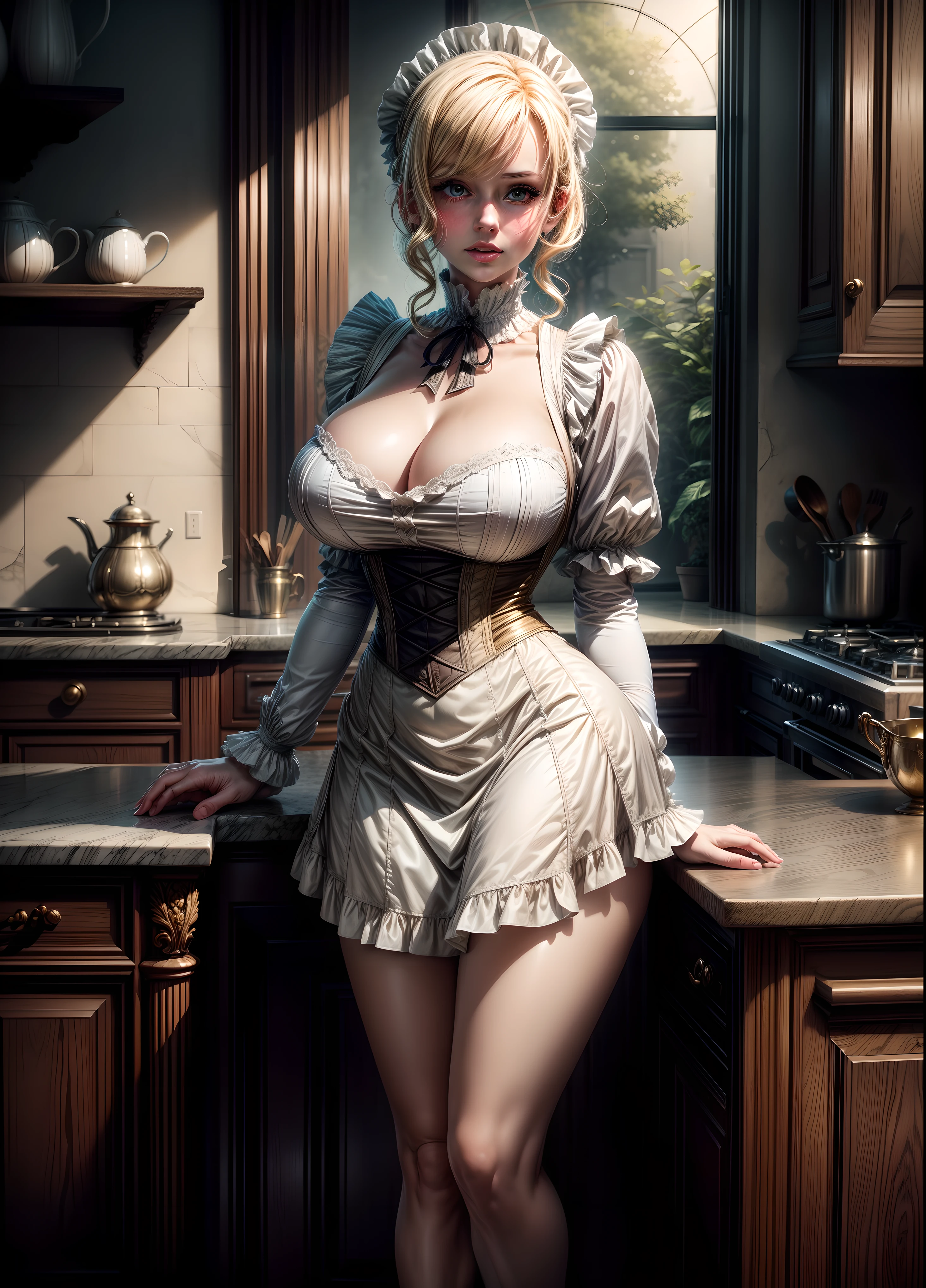 cute blond german maid full body photography,  photorealistic modern, in the style of ,  Artstation Deviant art Pinterest Cgsociety Behance Pixiv,  sunlight, ((victorian maid outfit)), very huge boobs, cleavage, thick tighs, kitchen background, young face, smooth and pale skin, (marylin monroe haircut), blue eyes,  intricate scenery HDR post-processing 4k cinematic fine details very detailed trending on artstation