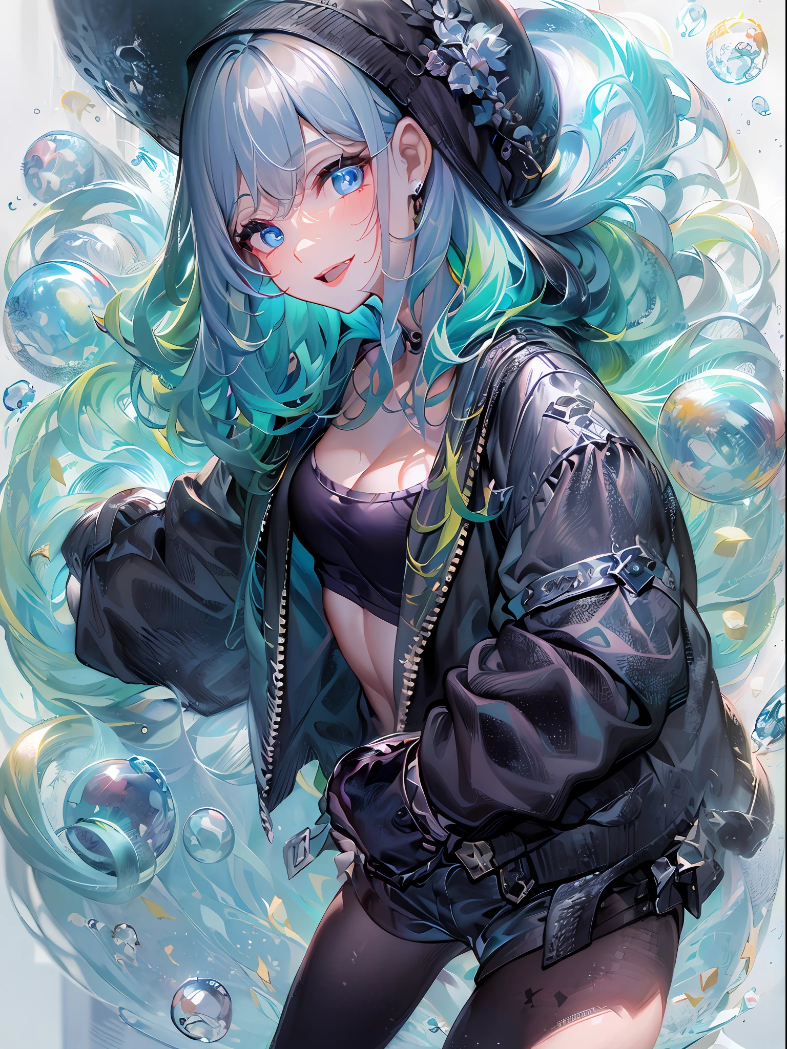 ((top-quality)), ((​masterpiece)), ((ultra-detailliert)), (extremely delicate and beautiful), girl with, 独奏, cold attitude,((Black jacket)),She is very(relax)with  the(Settled down)Looks,A dark-haired, depth of fields,evil smile,Bubble, under the water, Fantastical、Air bubble,bright light blue eyes,Inner color with black hair and light blue tips,Cold background,Bob Hair - Linear Art, shortpants、knee high socks、Camisole inner shirt、Hands in pockets