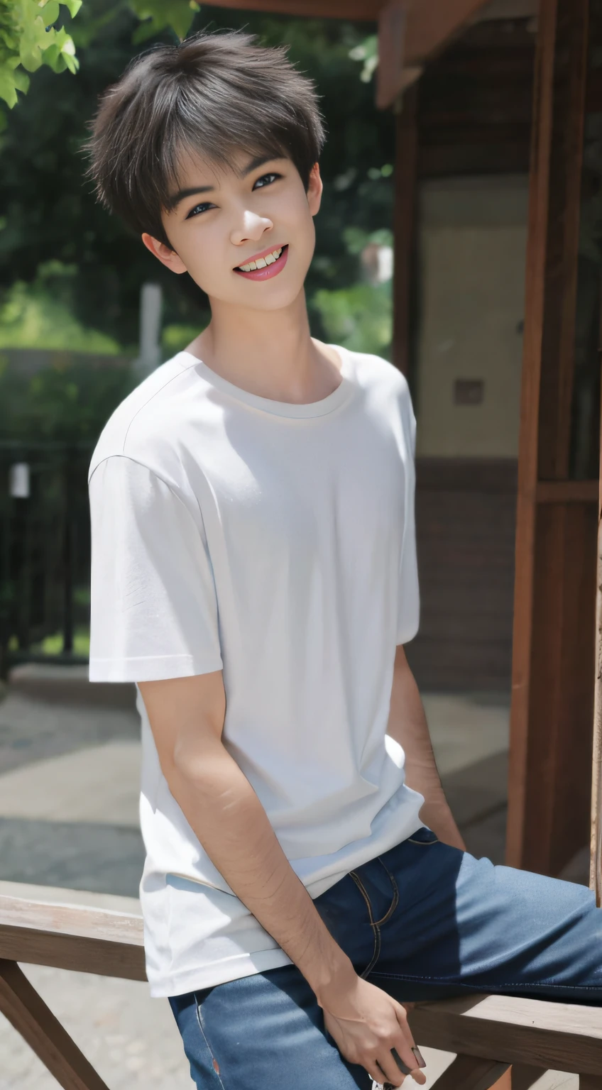Masterpiece, best quality, high resolution, super high resolution, real, realistic, young man, handsome face, big eyes, fine depiction of eye details, correct body proportions, natural lighting, looking at the audience, outdoors, full body, smiling, wearing a shirt with a bright pattern on the upper body, light blue three-quarter bright pants on the lower body,