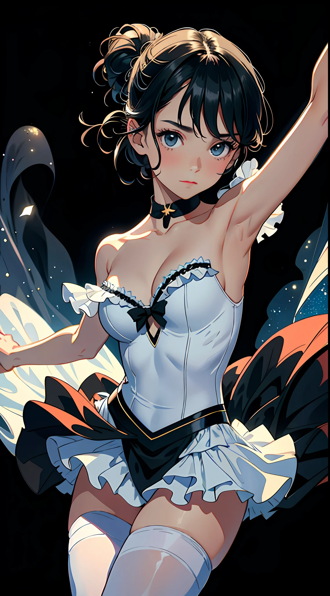 Best quality at best,tmasterpiece,Top-down view,1girll,ars old,Dance ballet,Ballet costumes,The upper part of the body,closeup cleavage,with short black hair,big breasts beautiful,looking at viewert,ssmile,white stockings,particle fx,Off-the-shoulder attire,perspire,scowling,ballet dance,Black background