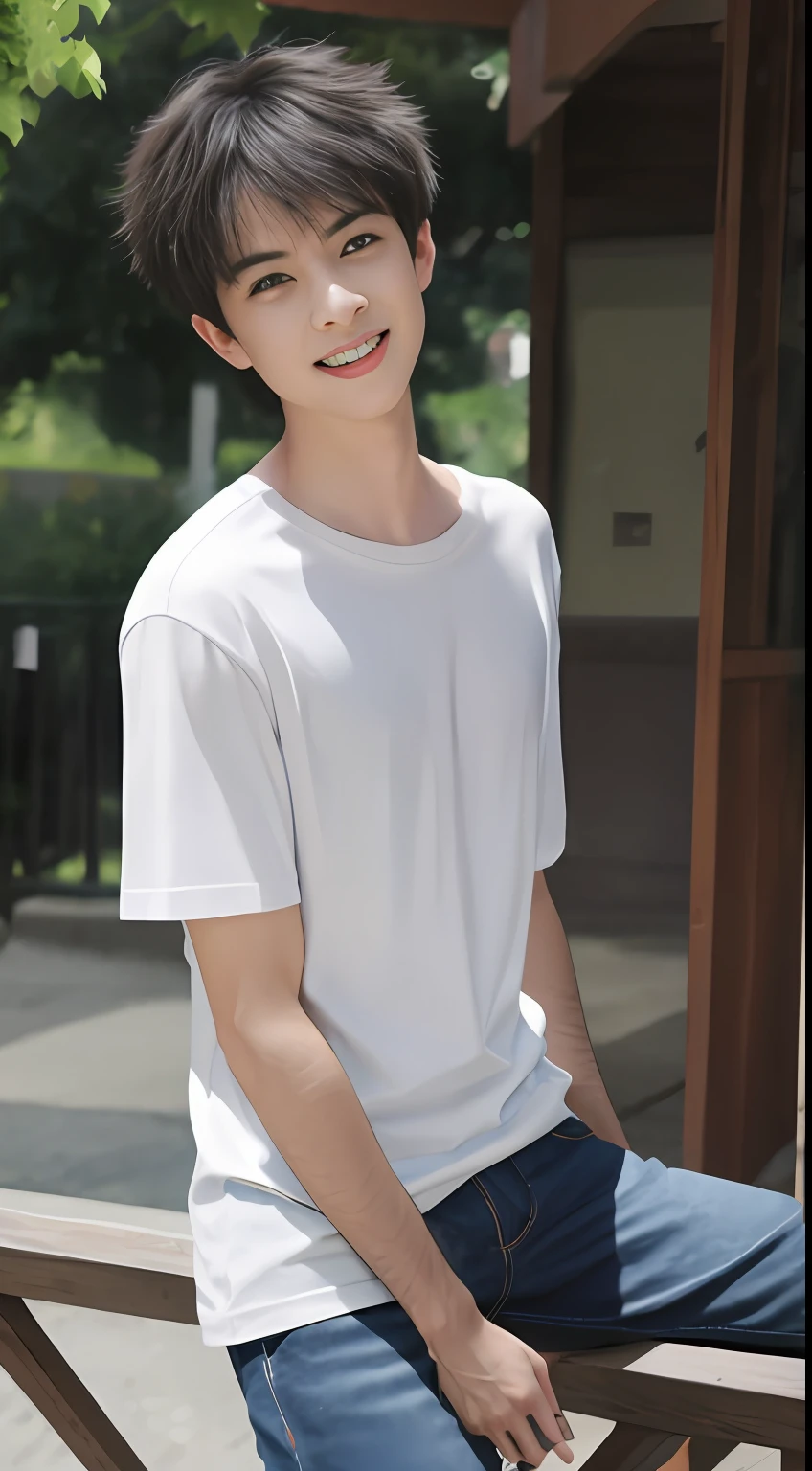 Masterpiece, best quality, high resolution, super high resolution, real, realistic, young man, handsome face, big eyes, fine depiction of eye details, correct body proportions, natural lighting, looking at the audience, outdoors, full body, smiling, wearing a shirt with a bright pattern on the upper body, light blue three-quarter bright pants on the lower body,
