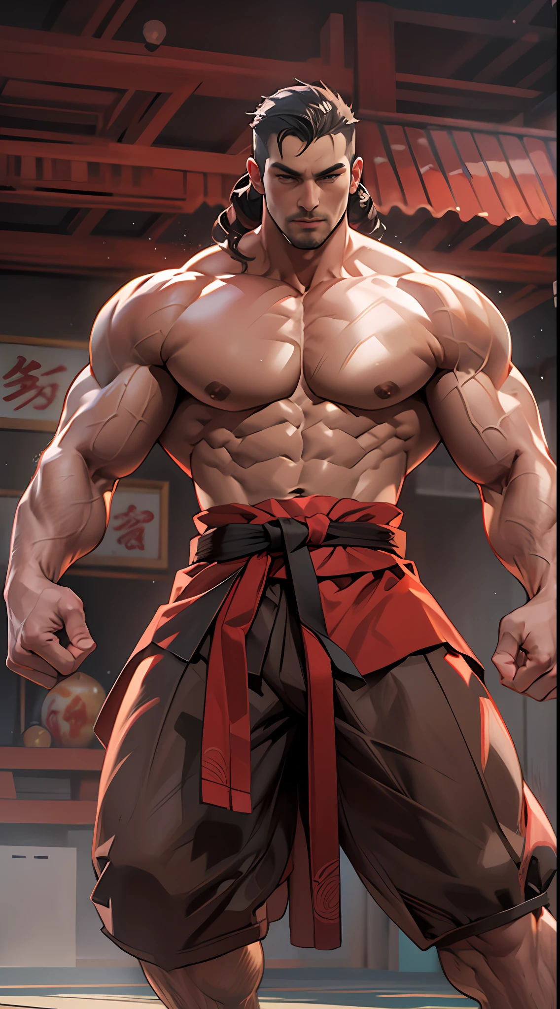 Mighty fighter, chest exposed, lower body unclothed from thighs to feet, flowing long curls, detailed muscular physique, photorealistic depiction, 4K resolution. Background: Martial arts dojo,32k uhd, best quality, masterpiece, super detail, high details