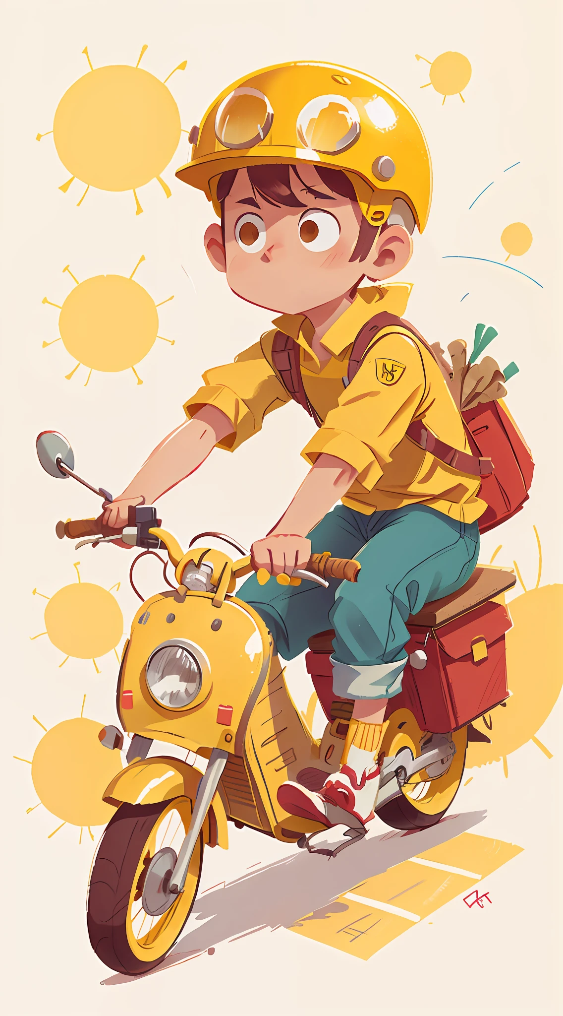 Flat illustration,Yellow delivery boy,Riding a yellow motor,helmet on,white backgrounid,Medium Shot Shot,8K