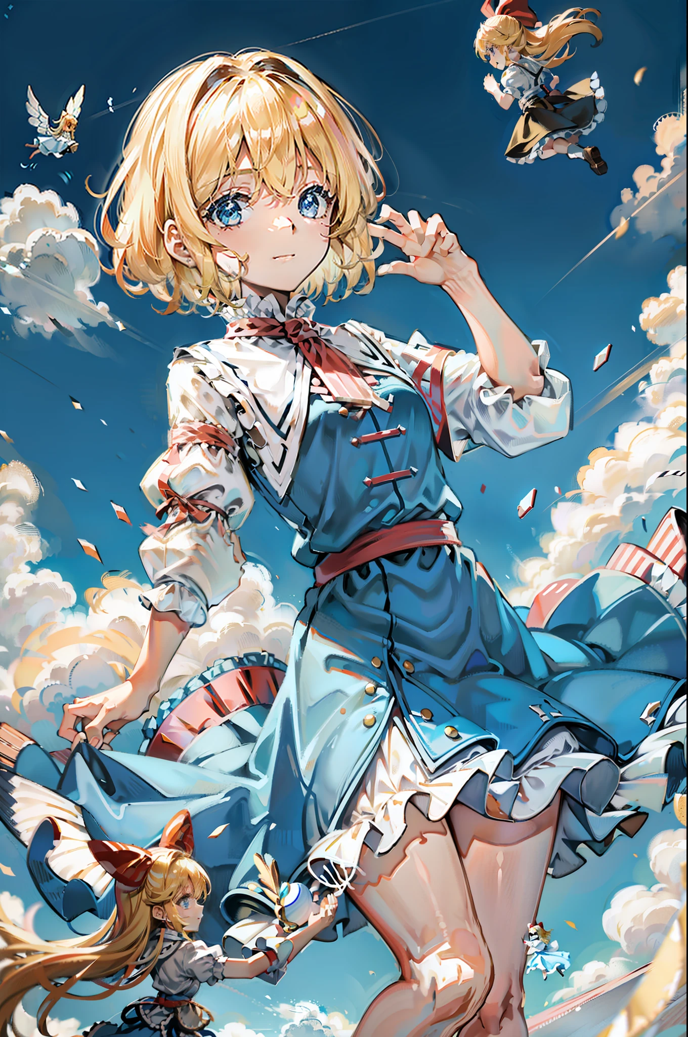 Alice of the Incredible Country Floating in the air Blue sky and white clouds Blonde -yeld cuyoung girl Three dolls floating around her Dolls for blonde hair Smile Empty-handed Five fingers per hand Two legs The skirt fluttered slightly