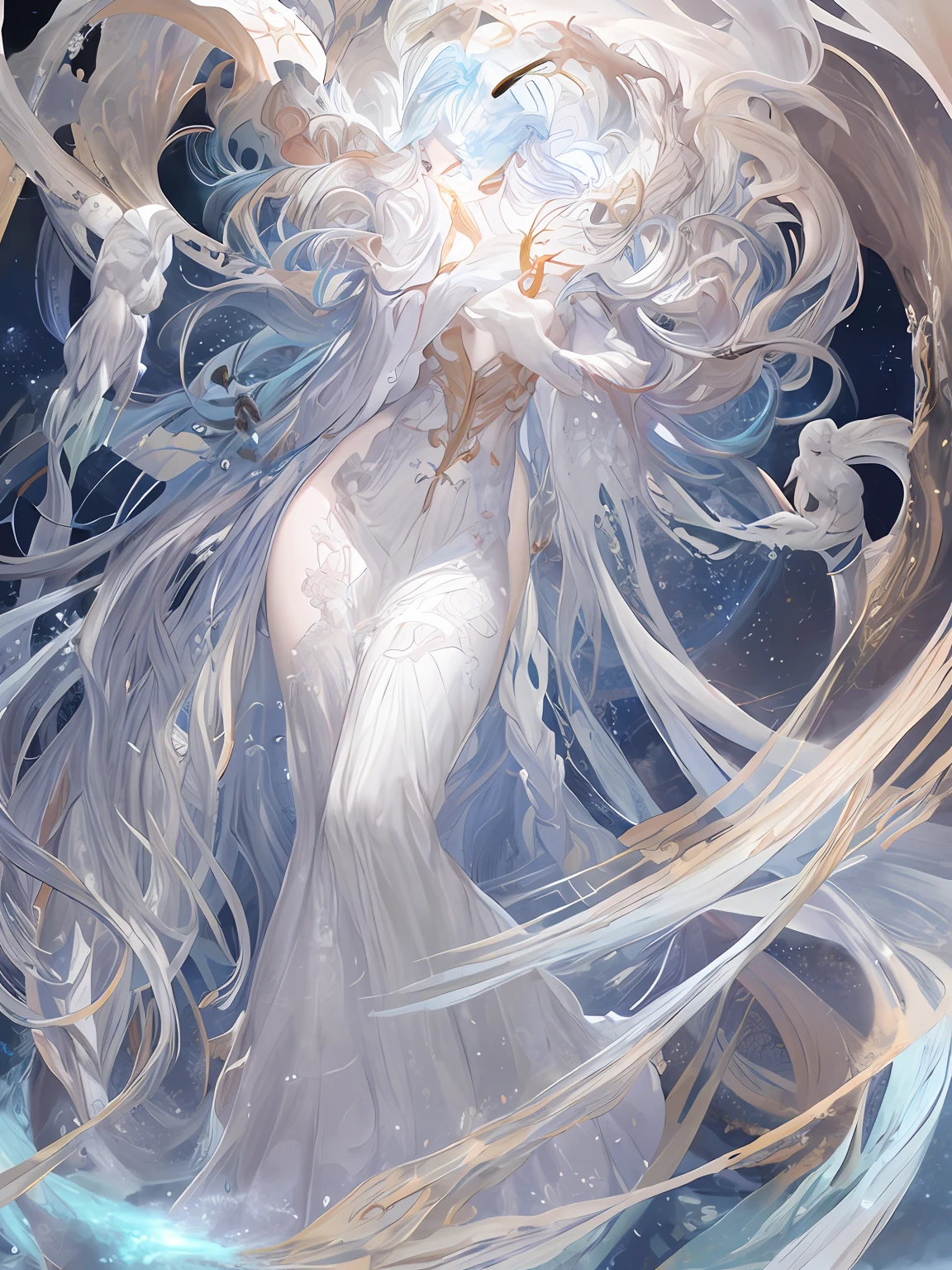 A pixiv competition winner, fantasy art, white-haired god, beautiful character painting, guvez style artwork, dazzling gaze of Yuki Onna, guweiz, long white hair, flowing hair and robes, cute big eyes, illustrations, fine lines, deep color