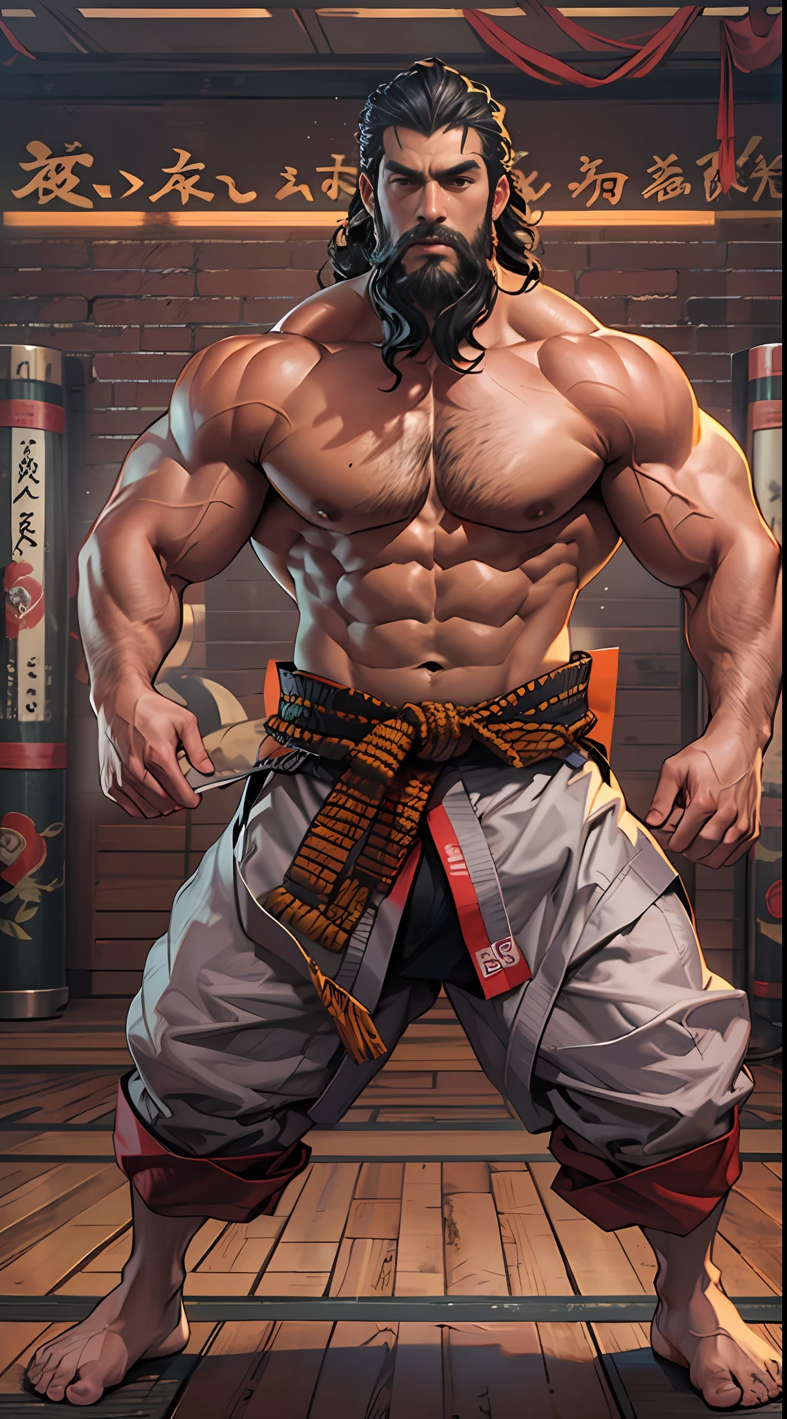 Mighty fighter, chest exposed, lower body unclothed from thighs to feet, adorned with a beaded beard, flowing long curls, detailed muscular physique, photorealistic depiction, 4K resolution. Background: Martial arts dojo,32k uhd, best quality, masterpiece, super detail, high details