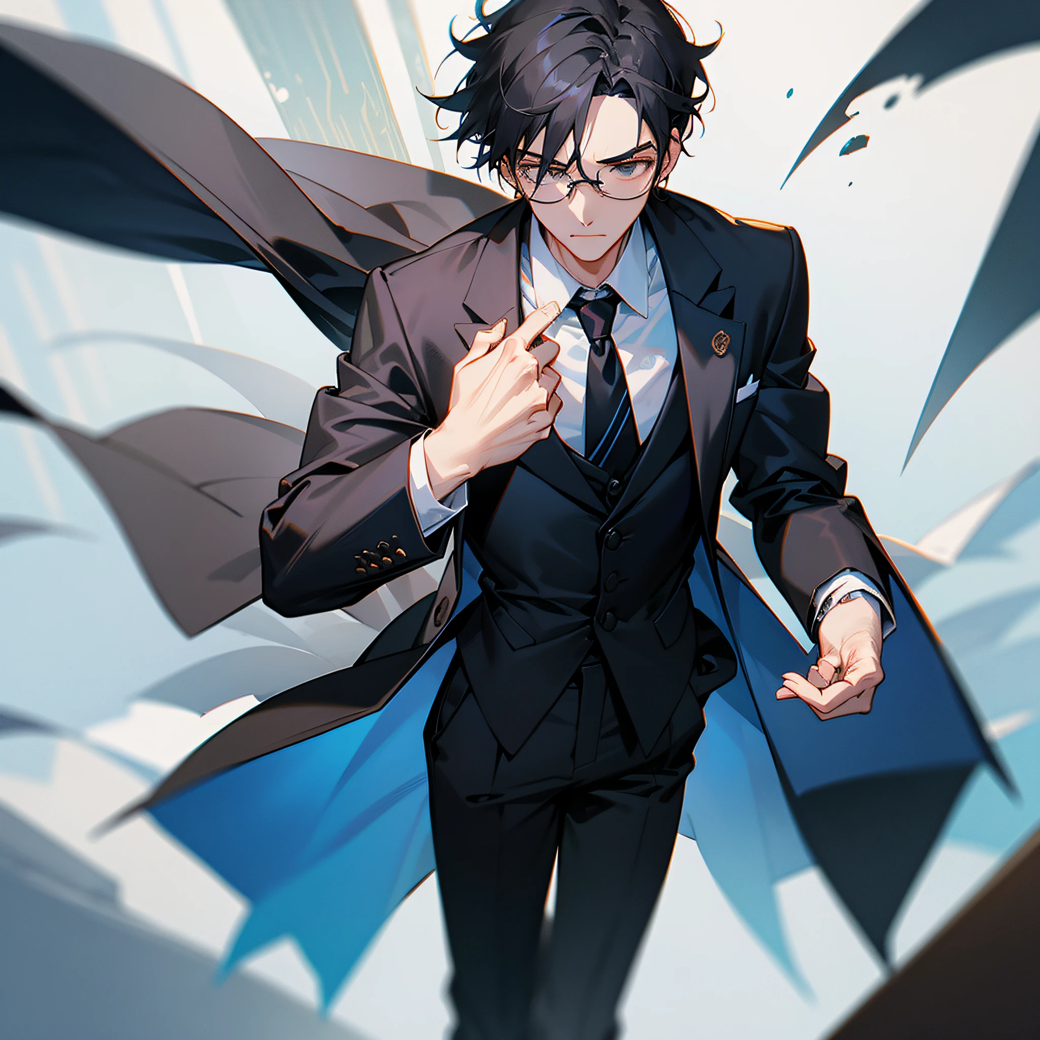 One wears glasses,23-year-old man in black suit,Natural expression,中景 the scene is,A half body