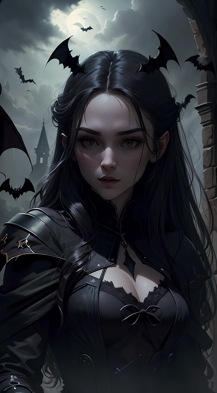 Close-up of two vampires，Stay in a magnificent cave，（A female vampire inside the cave faces the audience:1.2），（A male vampire inside the cave faces the audience:1.2），(There are flying bats in the sky:1.2)，(Old European castle architectural style)，（Moonlight shines through the clouds），（The picture presents a mysterious and obscure gray tone），（tmasterpiece），（Best picture quality），（Very detailed and uniform picture），（8k wallpaper），（Tyndall effect），（light and shadow effect），The creation is inspired by movies《Vampire Dracula》