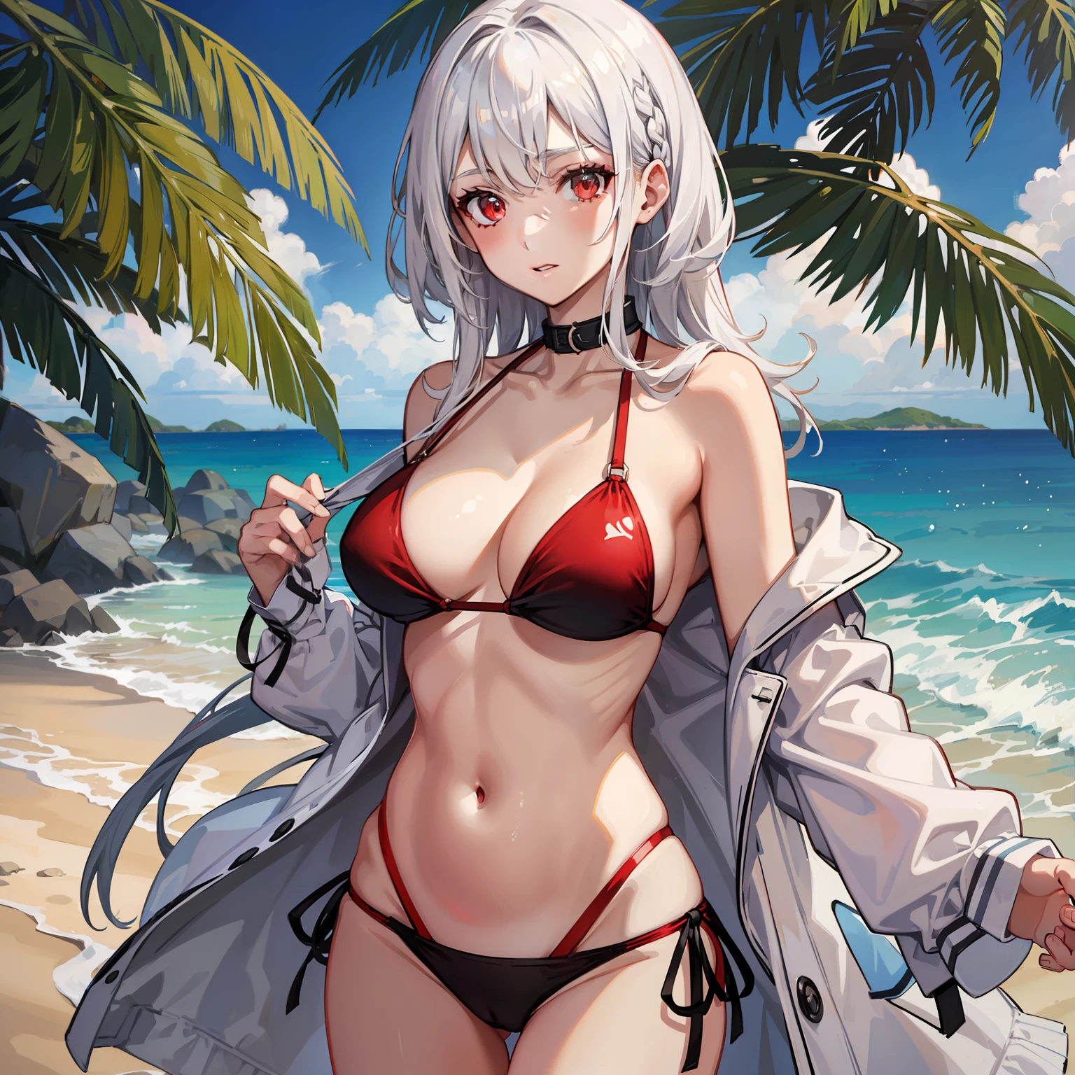 a girl with white hair and red eyes, with a fiery body wearing a bikini at the beach (full b