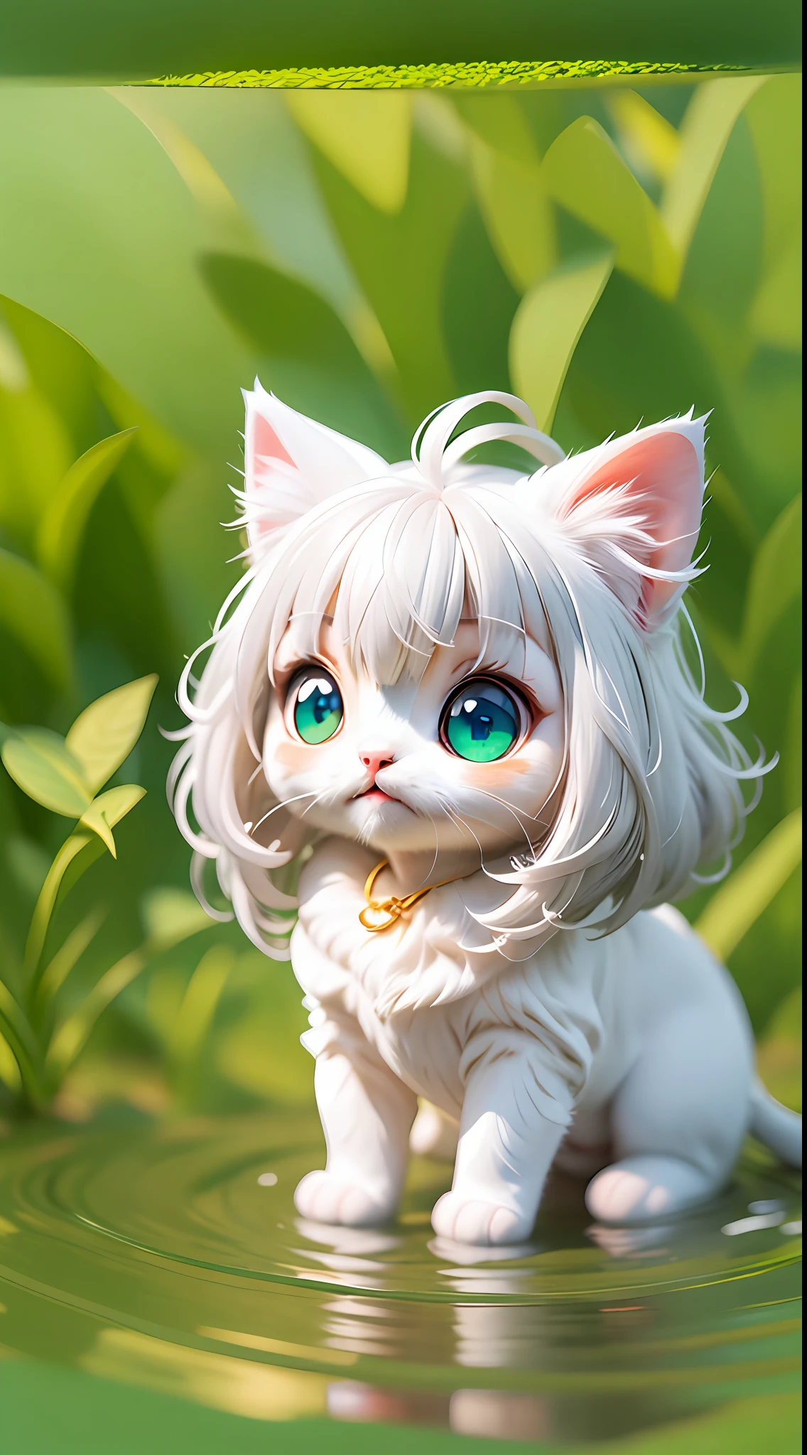 A white-haired kitten，adolable，spherical，cleanness，afloat，shaggy，Big eyes，Non-human，In the green one，Simple，ssmile，Funny，Morandi color system，looking to the right！！！，Turn right