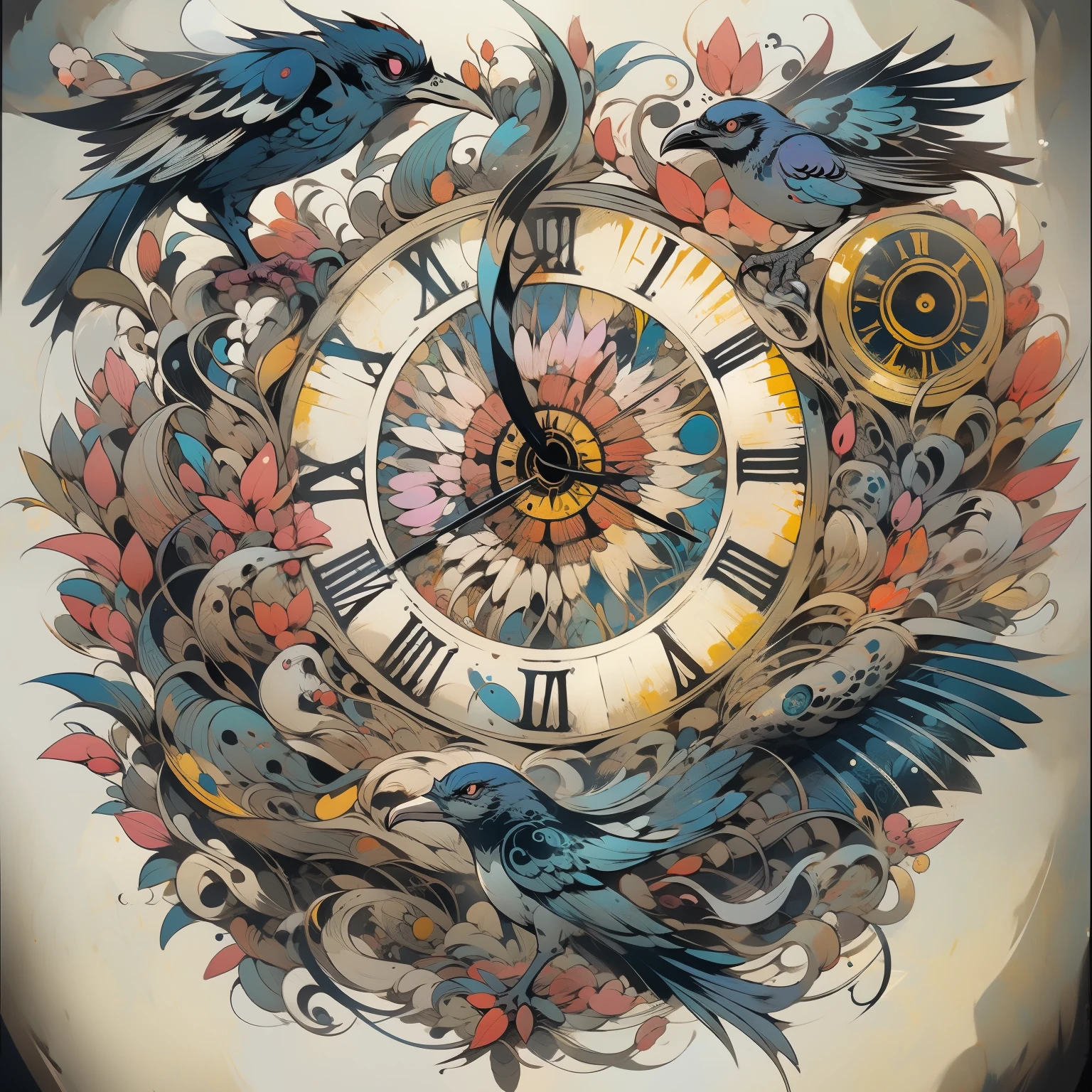 Color tattoo design, include three clocks, large eye on shoulder starting from shoulder blade across shoulder, tree of life, raven bird and prefer it to reflect depth in eye clocks and birds