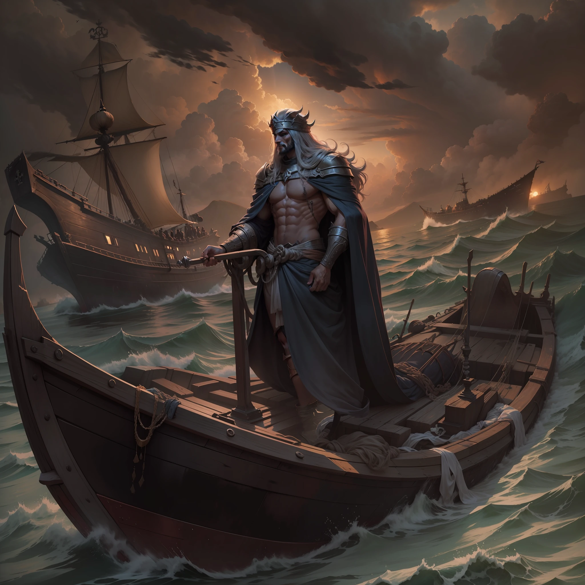 imagem de um homem com capa encapuzada em um barco, Caronte, o barqueiro de Hades, Deus da morte,