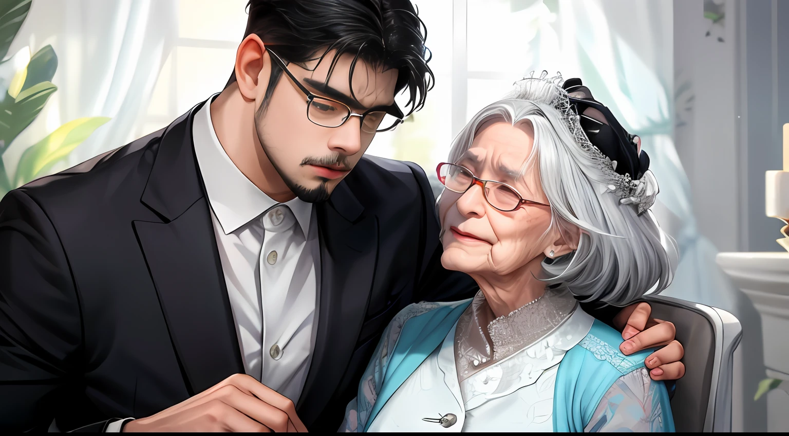 (Absurdo, alto, ultra detalhados), extrema qualidade, realista, detalhista, 1 man EMBRACES ELDERLY TEACHER, DIA DO CASAMENTO, fundo com pessoas, admiration, Respeito, EMOTION, maduro, height difference, OS DOIS CHORANDO, EMOTION, afeto, parte superior do corpo, Woman wears glasses, HOMEM JOVEM USA TERNO, THE WOMAN IS ELDERLY, BOTH CRYING WITH EMOTION.