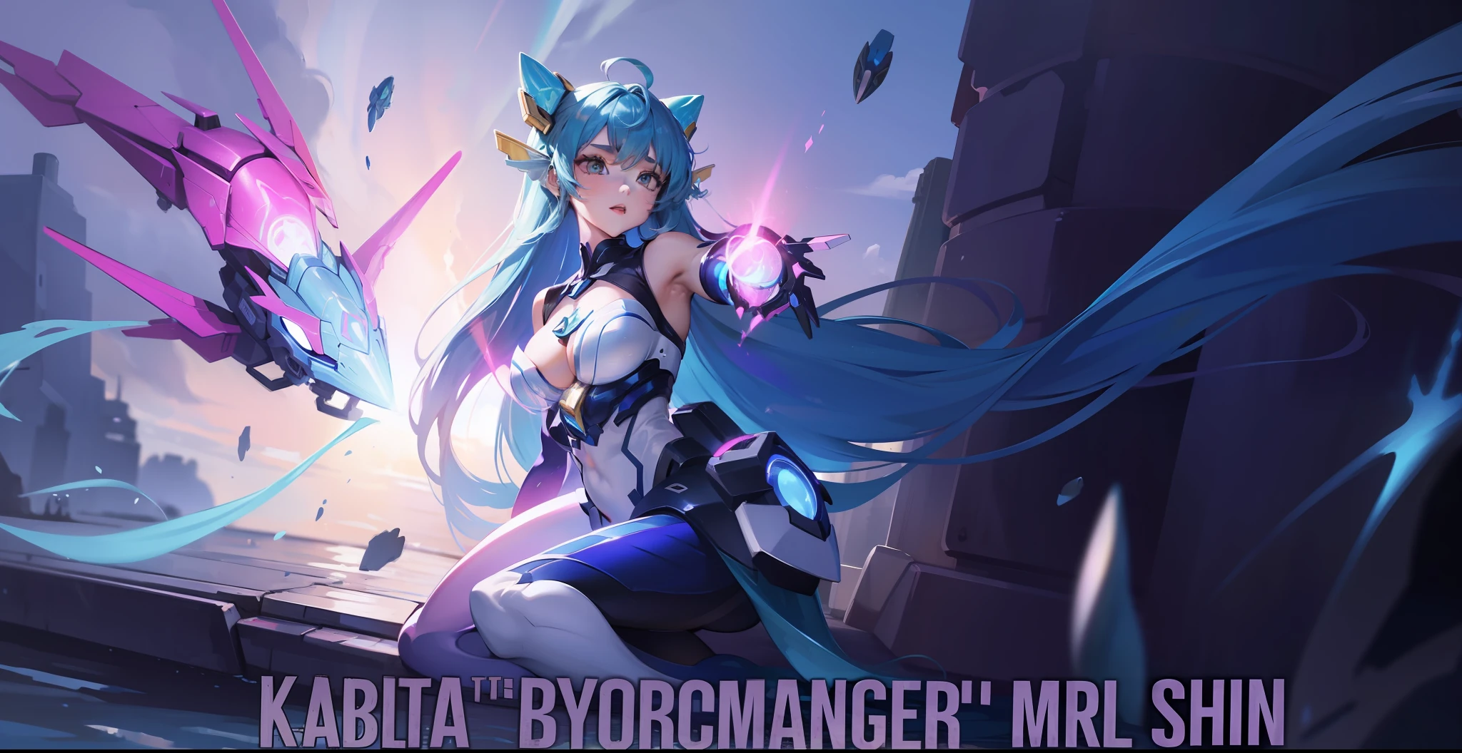have a blue hair and mecha style, element water shes beautiful, have a pink trisula, shes mermaid and shes kadita