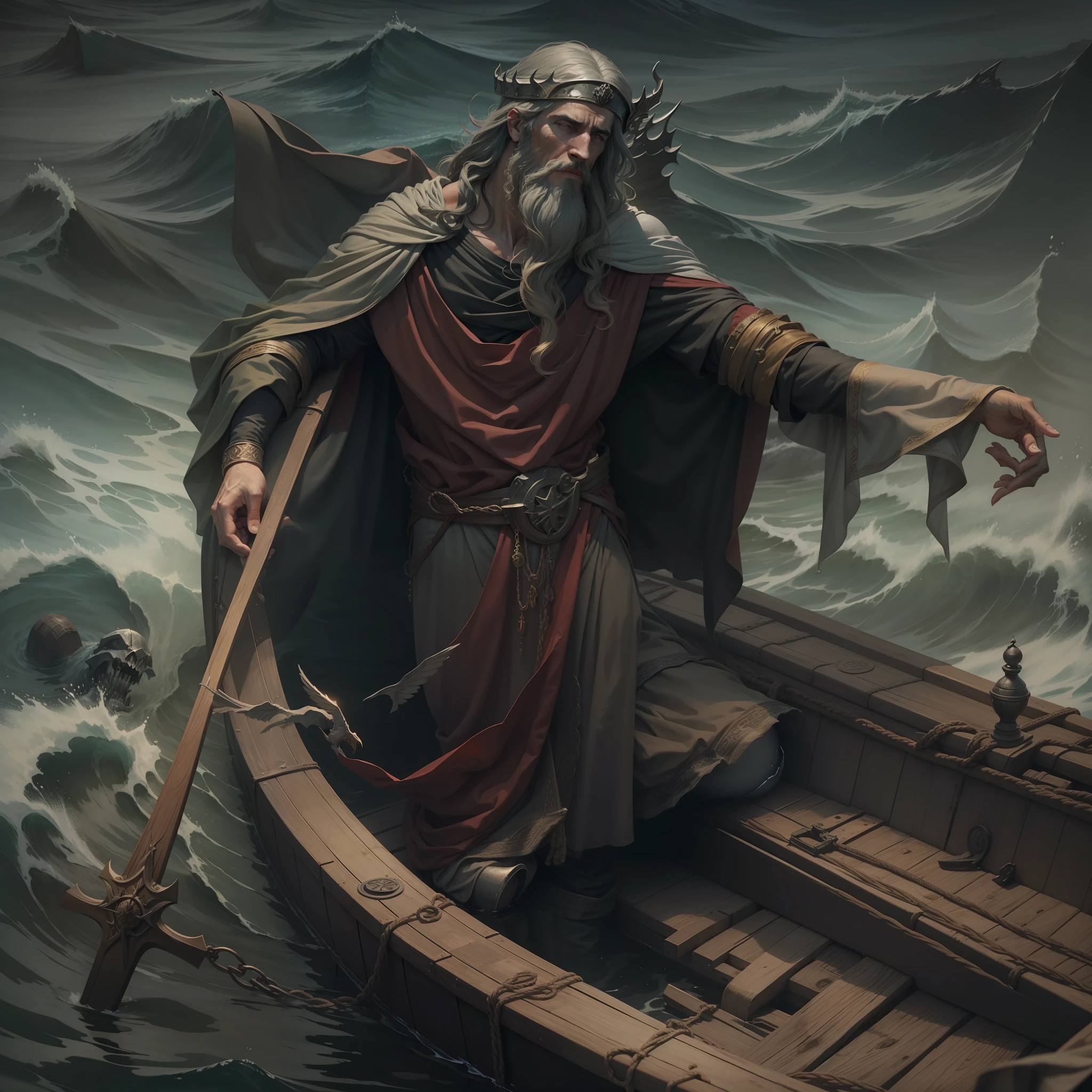 imagem de um homem com capa encapuzada em um barco, Caronte, o barqueiro de Hades, Deus da morte,