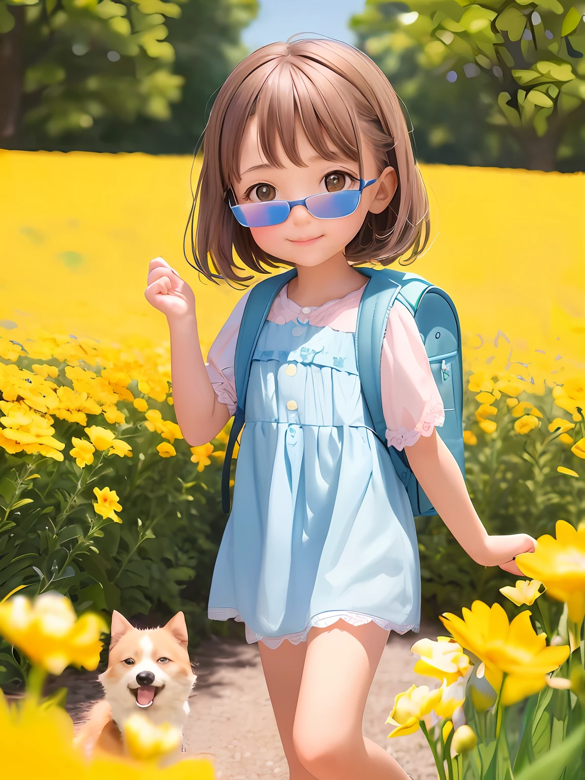 A very charming little girl with a backpack and her cute little dog enjoying a lovely spring outing surrounded by beautiful yellow flowers and nature. The illustration is a high-definition illustration in 4K resolution with highly detailed facial features and cartoon-style visuals.