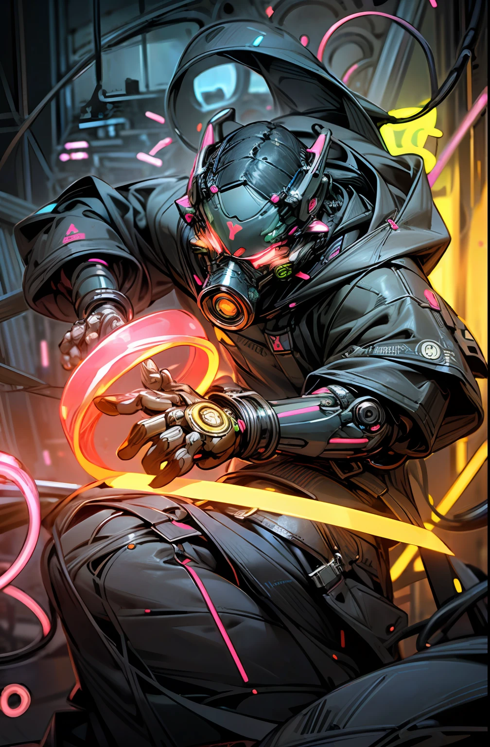helmets、(gas masks:1.3)、(Neon rings:1.7)、(neon wires:1.2)、(Wearing a hood:1.2)、(((in fighting)))、(((Large scratches)))、colourfull、cyberpunked、(fantasy sword)、((1man))、Mechanical Marvel、droid、(((​masterpiece、top-quality、Beautiful、ultra-detailliert)))