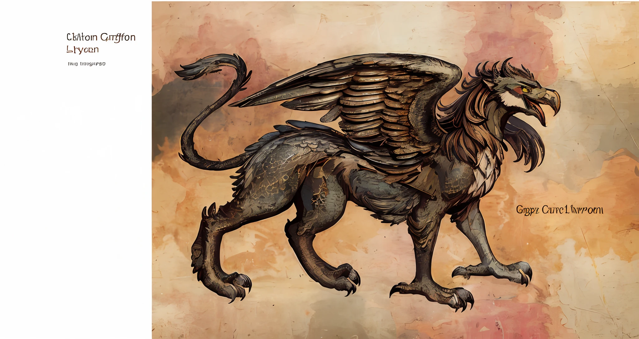 Close-up of a taupe animal on paper, Gryphon, manticore, flying mythical beasts, Gryphon-like style, Chimera, great mystical winged serpent, european dragon, a mythical creature, griffin, Black lion with peacock wings, highly detailed creature, mythological creatures, european four-legged dragon, Highly detailed furs and scales