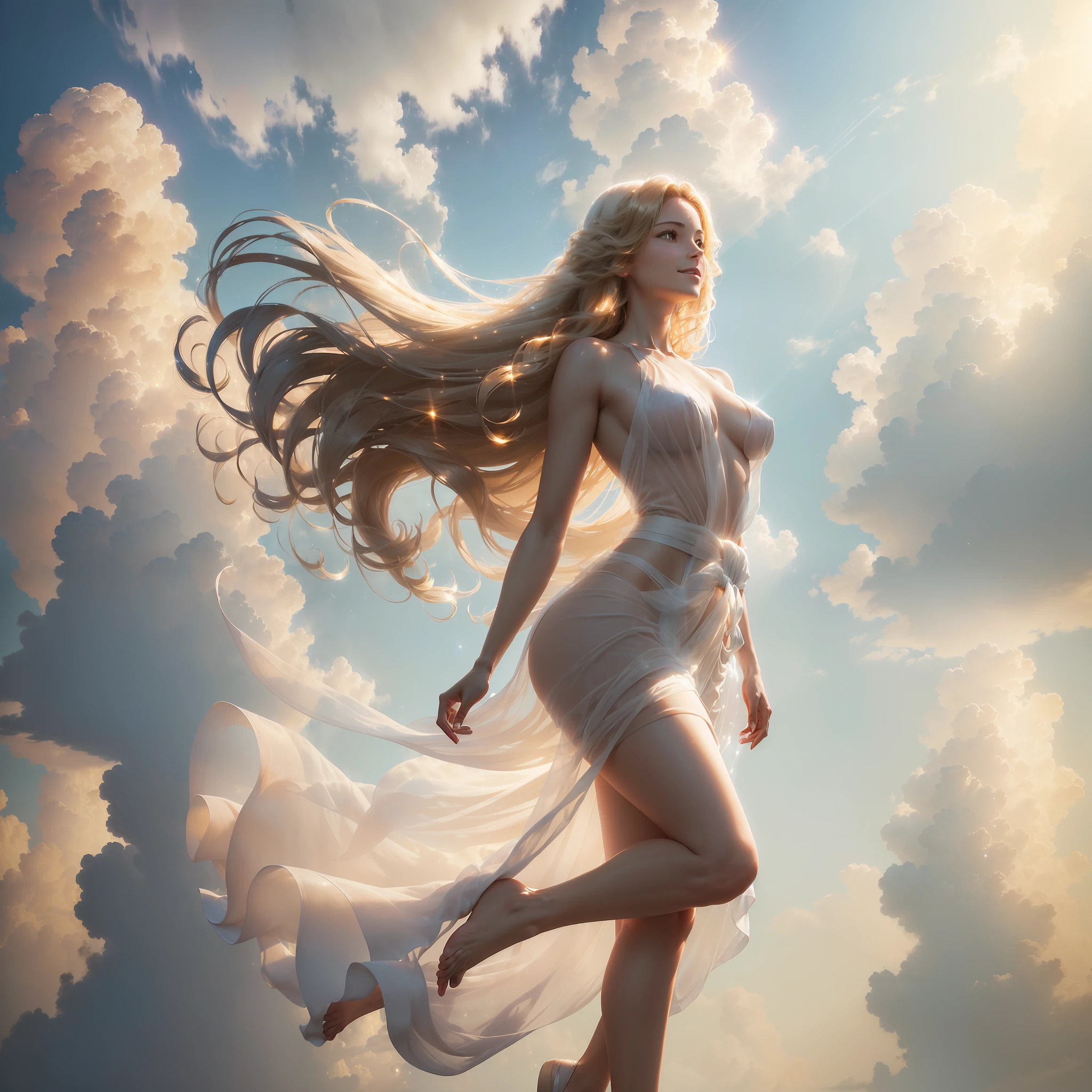 (masterpiece, high detail, high resolution, art style by Greg Rutkowski, depth of field ray tracing, physics rendering), ((setting: high in the clouds)), (a fully naked woman floating in the air between volumetric clouds), high in the sky, billowing hair, (background: large clouds in the sky), ((pale skin sparkling in sunlight)), (voluminous thick long hair golden in light: 1.4), sensual, (small breasts: 1.9), (small butt: 1.9), full body view, ((bright background), (gentle smile), relaxed, detailed, (volumetric), warm sharp sunlight, clear air, windy, backlight, contour light, strong but seductive, (((alone))), vibrant colours, white transparent silk fabric around her waist only, (((entire body visible))), feet in the shot, one sunlight arc in the background
