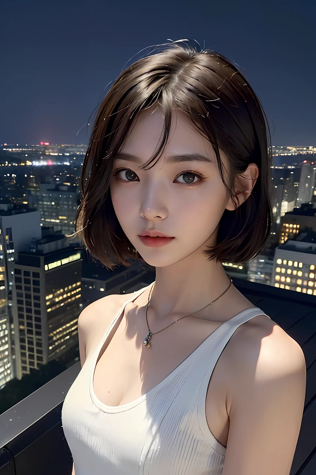hightquality、​masterpiece、超A high resolution、(realisitic:1.4)、(True skin texture:1.3)、Perfect beautiful adult woman、beautiful detailed eyes and face、Thin makeup、Small Smile、Light brown short-cut hair、Small necklace、sleeveless shirts、View from the rooftop at night、Dark cityscape in the evening、Dark cloudy sky、