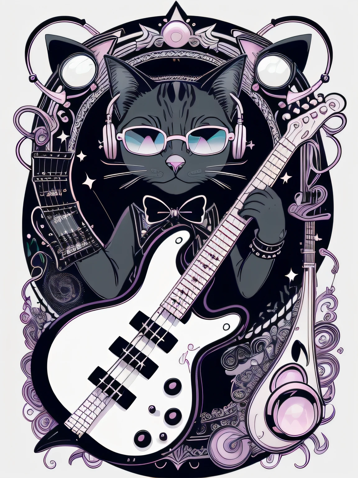 whimsical Vector-art of a (cat_playing_a_bass_guitar_with_headphones_and_sunglasses_ 1.3), set in a fantastical and dreamy world. Depict the cat with a dreamy and magical expression, surrounded by musical notes and sparkling stars. Use soft and pastel colors to create a sense of enchantment and wonder. The bass guitar can be embellished with playful and imaginative details, like musical-themed patterns or motifs. This style should evoke a sense of musical fantasy, where the cat's music creates a magical atmosphere, isolated, black background, in the style of 0mib
