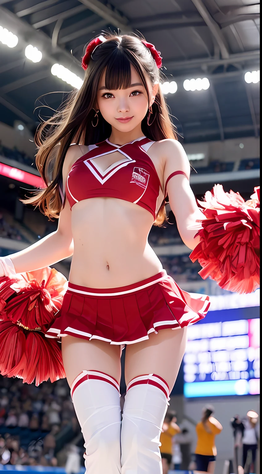 Asian cheerleaders holding pom-poms in their hands in stadium、write、a closeup、cosplay foto、Anime Cosplay、tiny chest、Raw photography, top-quality, hight resolution, (​masterpiece), (Photorealsitic:1.4), professional photograpy, foco nítido, nffsw, 8K分辨率, intricate detailes,  depth of fields, the Extremely Detailed CG Unity 8K Wallpapers, front lit, NSFW, femele, girl with, beautiful supermodel, A smile、A slender、(sweat all over：1.3)、((Standing on one leg、Leg_lift standing_split:1.5))、dance、