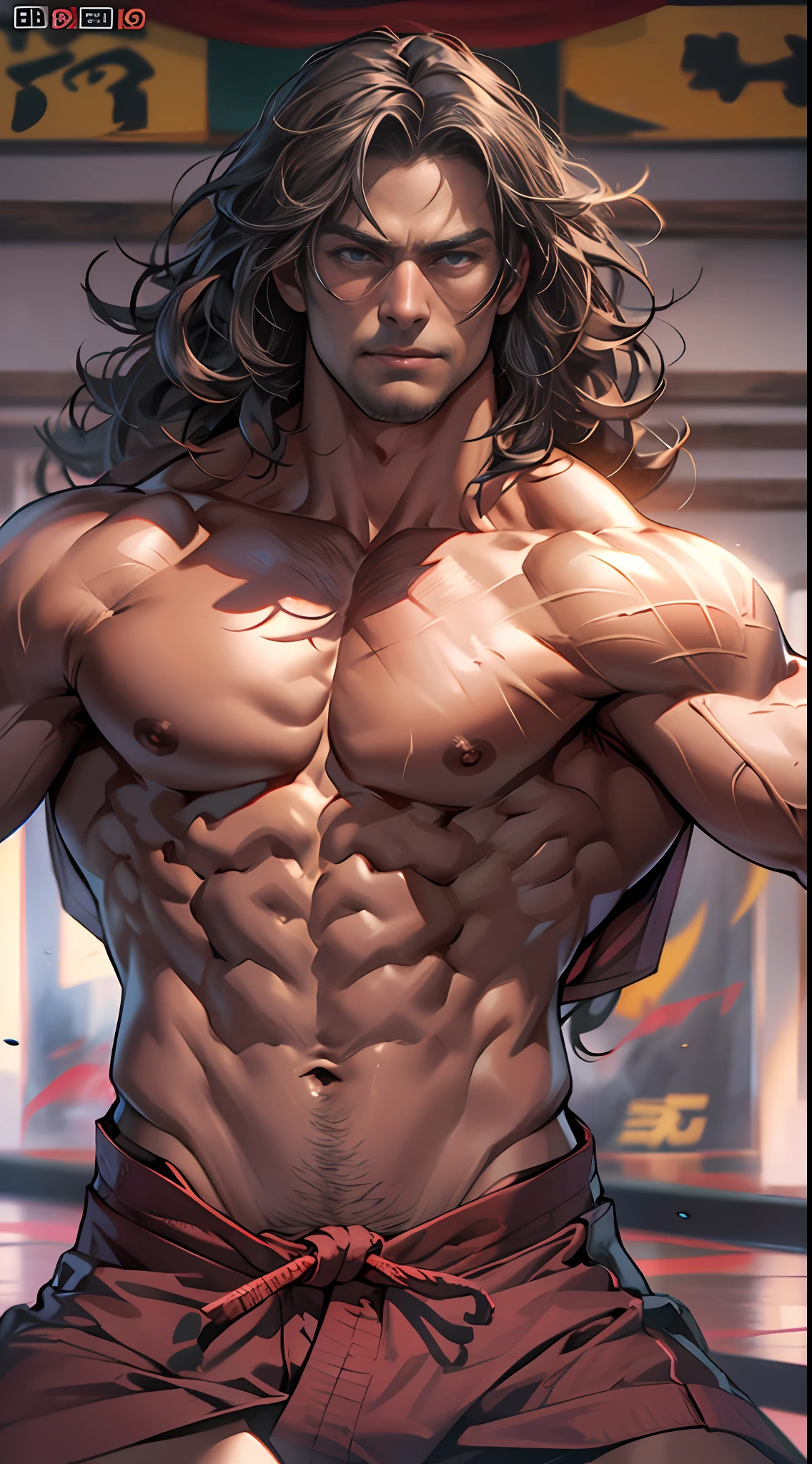 Mighty fighter, chest exposed, lower body unclothed from thighs to feet, flowing long curls, detailed muscular physique, photorealistic depiction, 4K resolution. Background: Martial arts dojo,32k uhd, best quality, masterpiece, super detail, high details