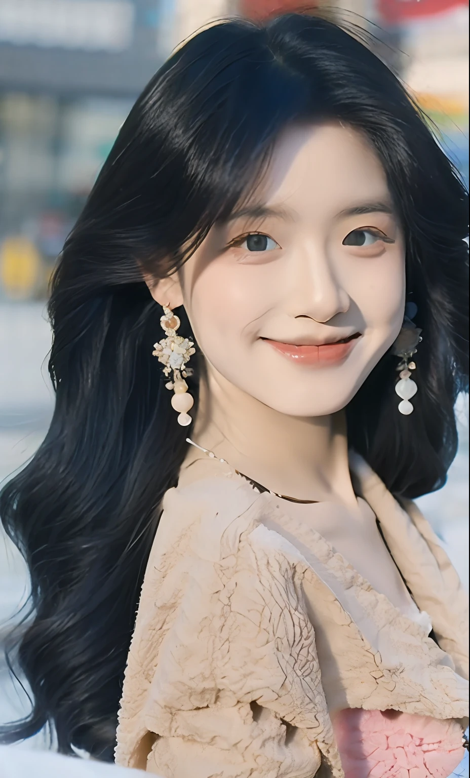 black hair, hairpin, mole under eye, multicolored eyes, aqua eyes, crescent earrings, smile, rococo style, high detail, En plein air, chiaroscuro, depth of field, textured skin, best quality