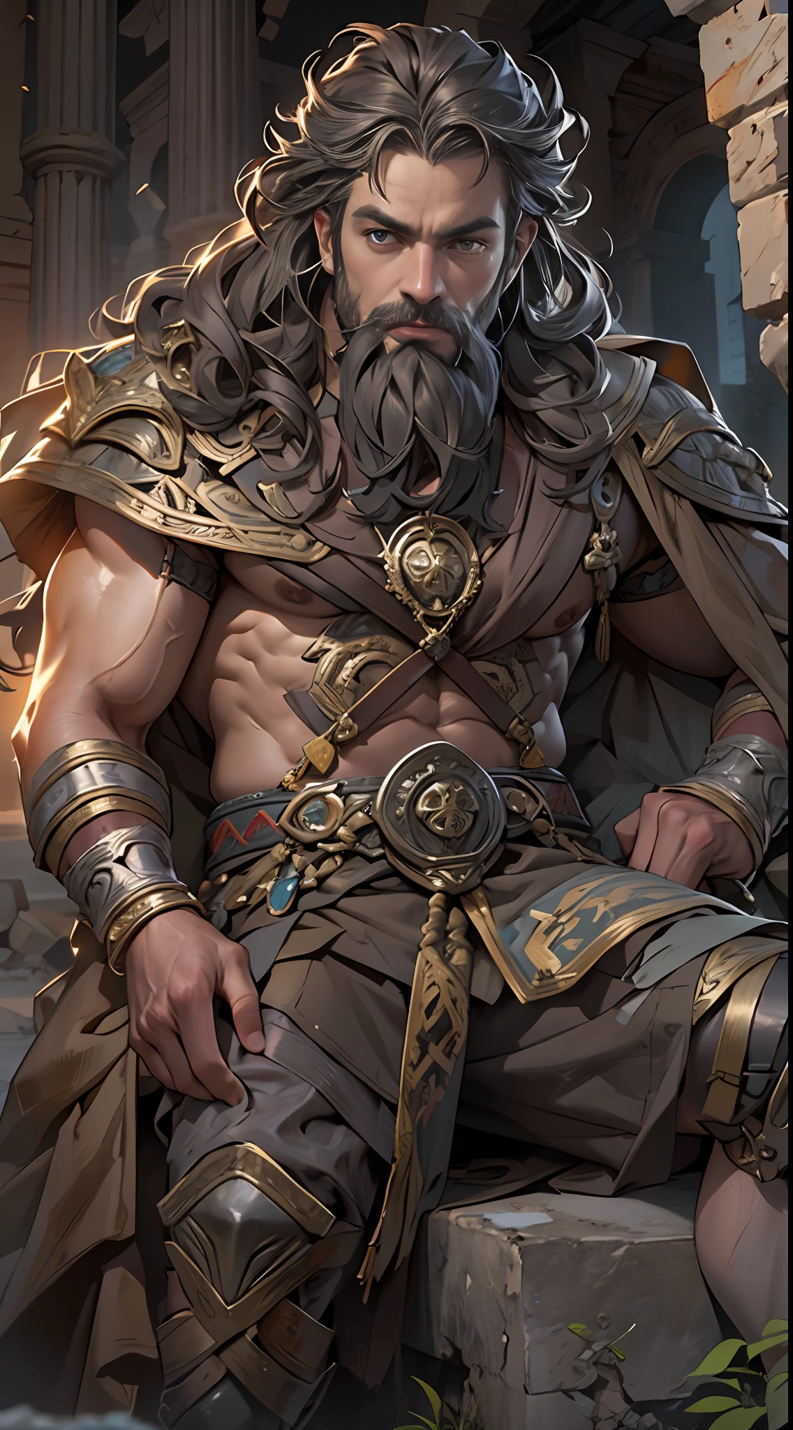 Sculpted hero, upper body uncovered, legs exposed from thighs to feet, bearded with beaded facial hair, luxuriant long curls, intricate muscularity, photorealistic portrayal, 4K resolution. Background: Epic battlefield with ancient ruins.,32k uhd, best quality, masterpiece, super detail, high details