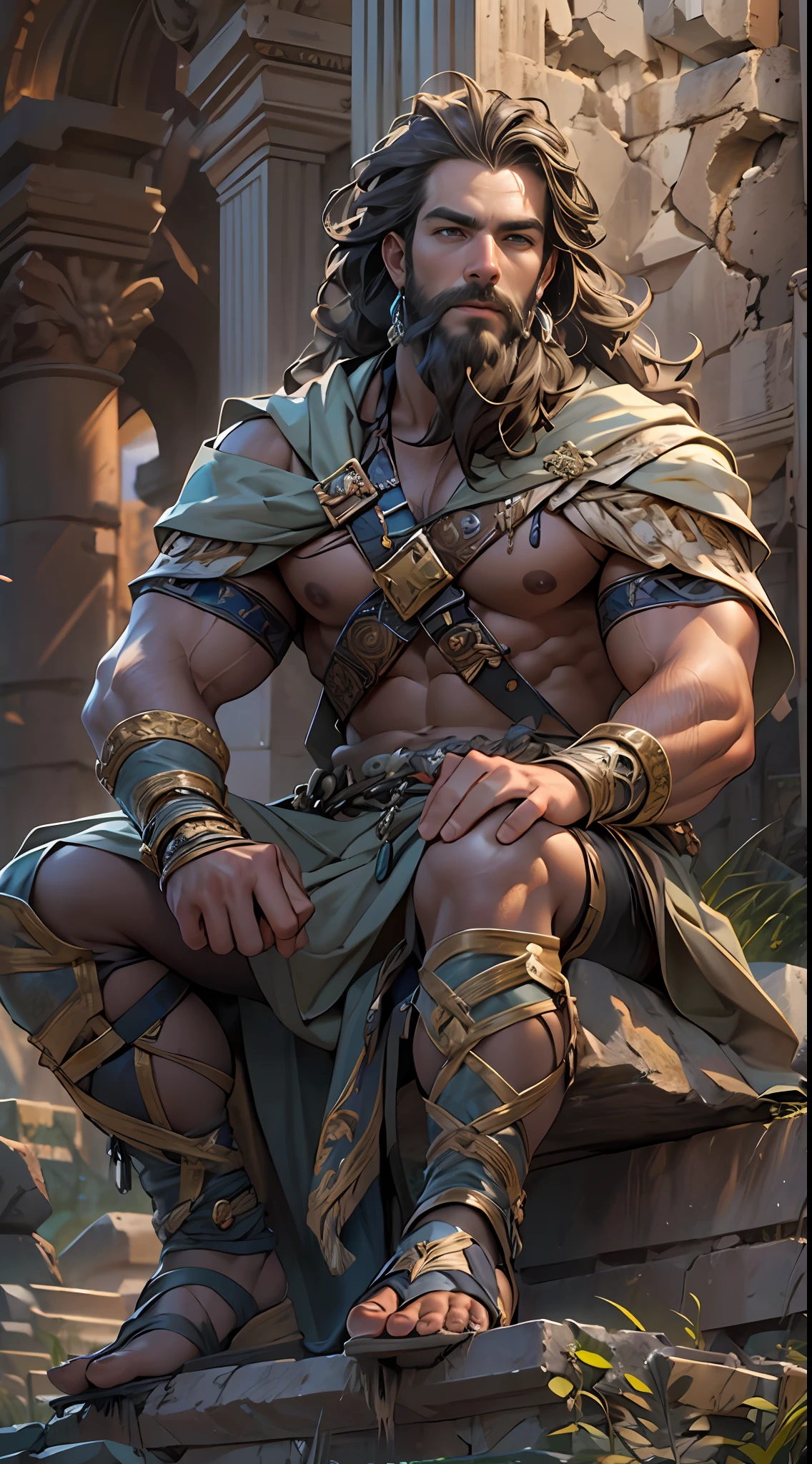 Sculpted hero, upper body uncovered, legs exposed from thighs to feet, bearded with beaded facial hair, luxuriant long curls, intricate muscularity, photorealistic portrayal, 4K resolution. Background: Epic battlefield with ancient ruins.,32k uhd, best quality, masterpiece, super detail, high details