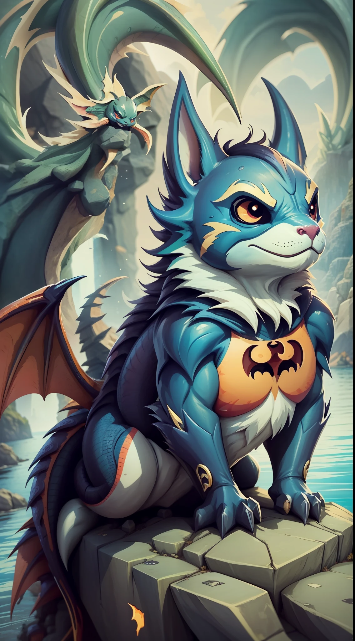 (Chinese batman dragon), magnificent batman dragon head close-up, cute and clever fun little dragon, lying on a huge stone, dragon head, game three views, cute anthropomorphic, rich in details: sharp claws, dragon horns, water waves and wind elements, streamlined lines and curves, conveying a sense of vitality and freedom, full of reality.