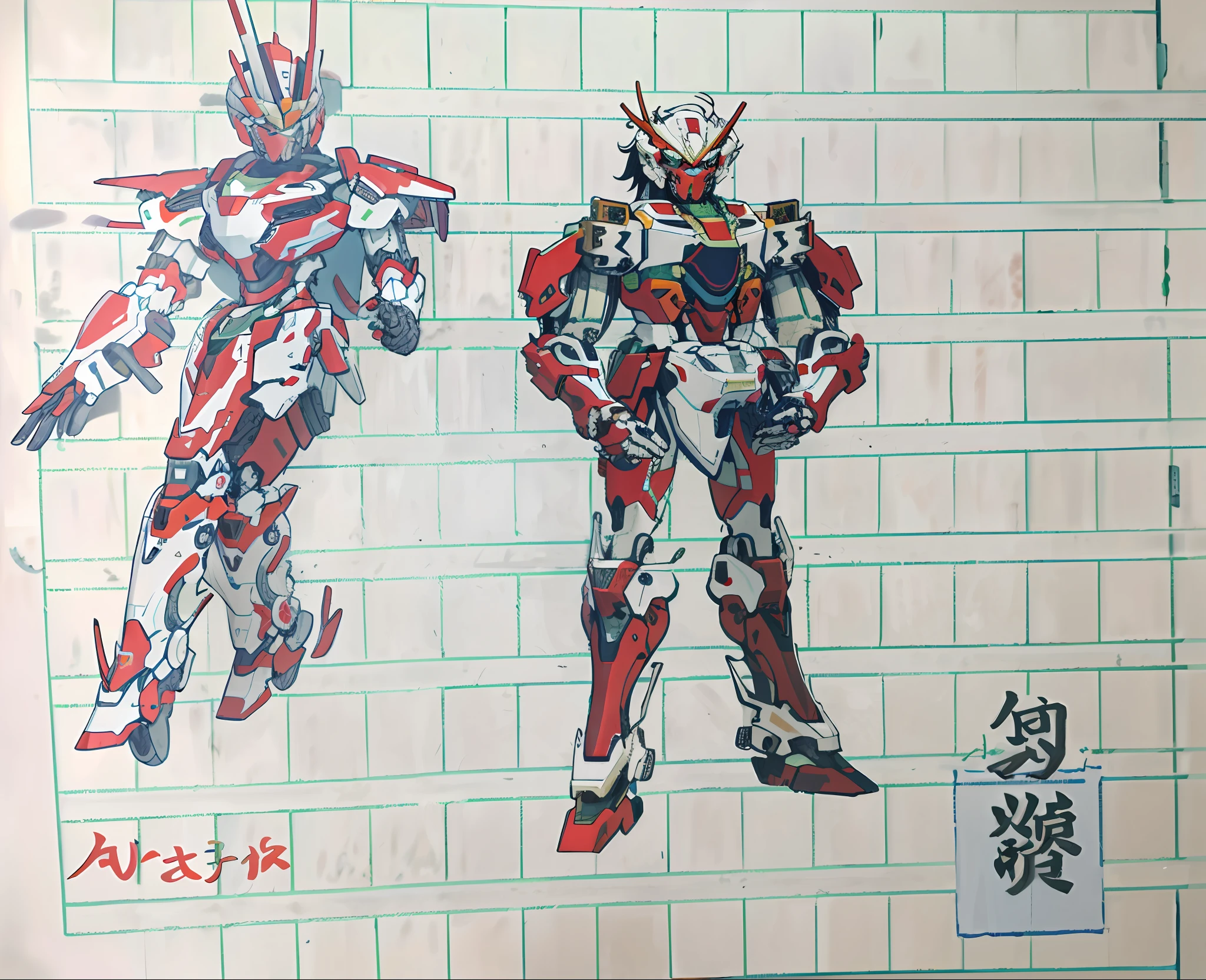 Draw two robots on a piece of paper with a ruler, anime robotic mixed with organic, White and red armor, inspired by Ryūsei Kishida, greek god in mecha style, segmented armor and sashimono, Mecha Inspiration, anime mech armor, red mech arms and red mech legs, traditional japanese concept art, japanese mecha,And the name of this painting is Dong,The name is in the lower right corner