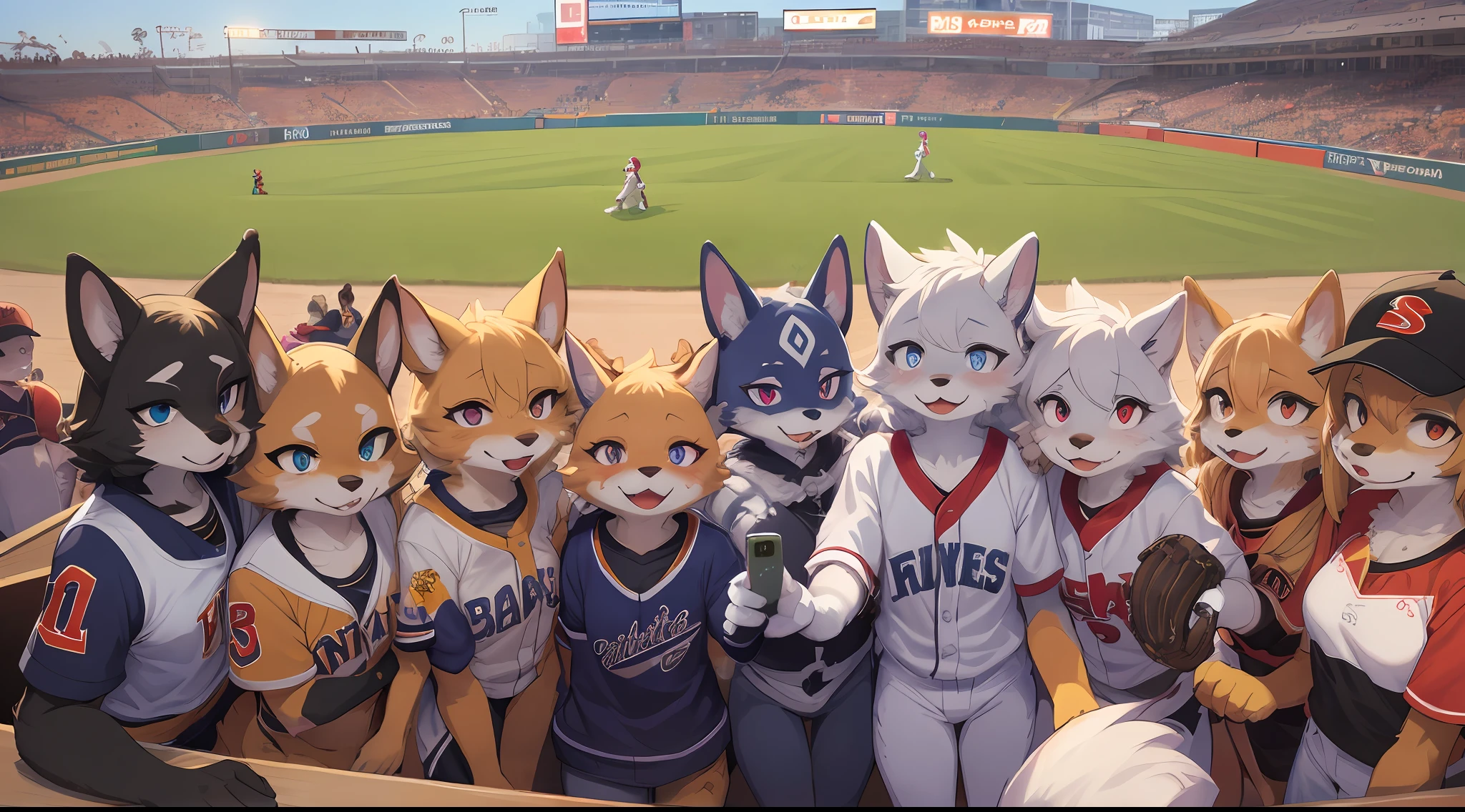 top quality, best quality, High-quality illustrations, masterpiece, super high resolution, detailed background, detailed background, Watching Baseball, group shot, 6+boys, 6+girls, Happy, joyful, absurdres(highly detailed beautiful face and eyes)perfect anatomy(Photos taken with friends)(kemono, furry anthro)selfie,