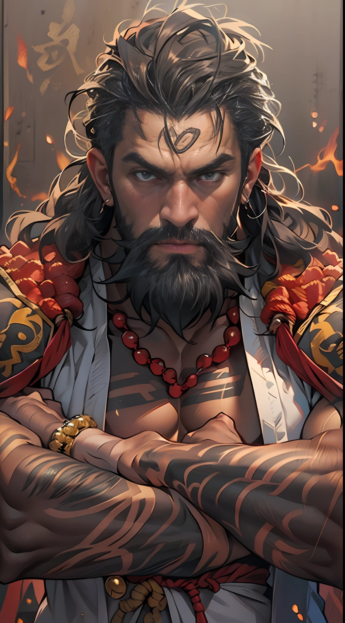 Mighty fighter, chest exposed, lower body unclothed from thighs to feet, adorned with a beaded beard, flowing long curls, detailed muscular physique, photorealistic depiction, 4K resolution. Background: Martial arts dojo,32k uhd, best quality, masterpiece, super detail, high details