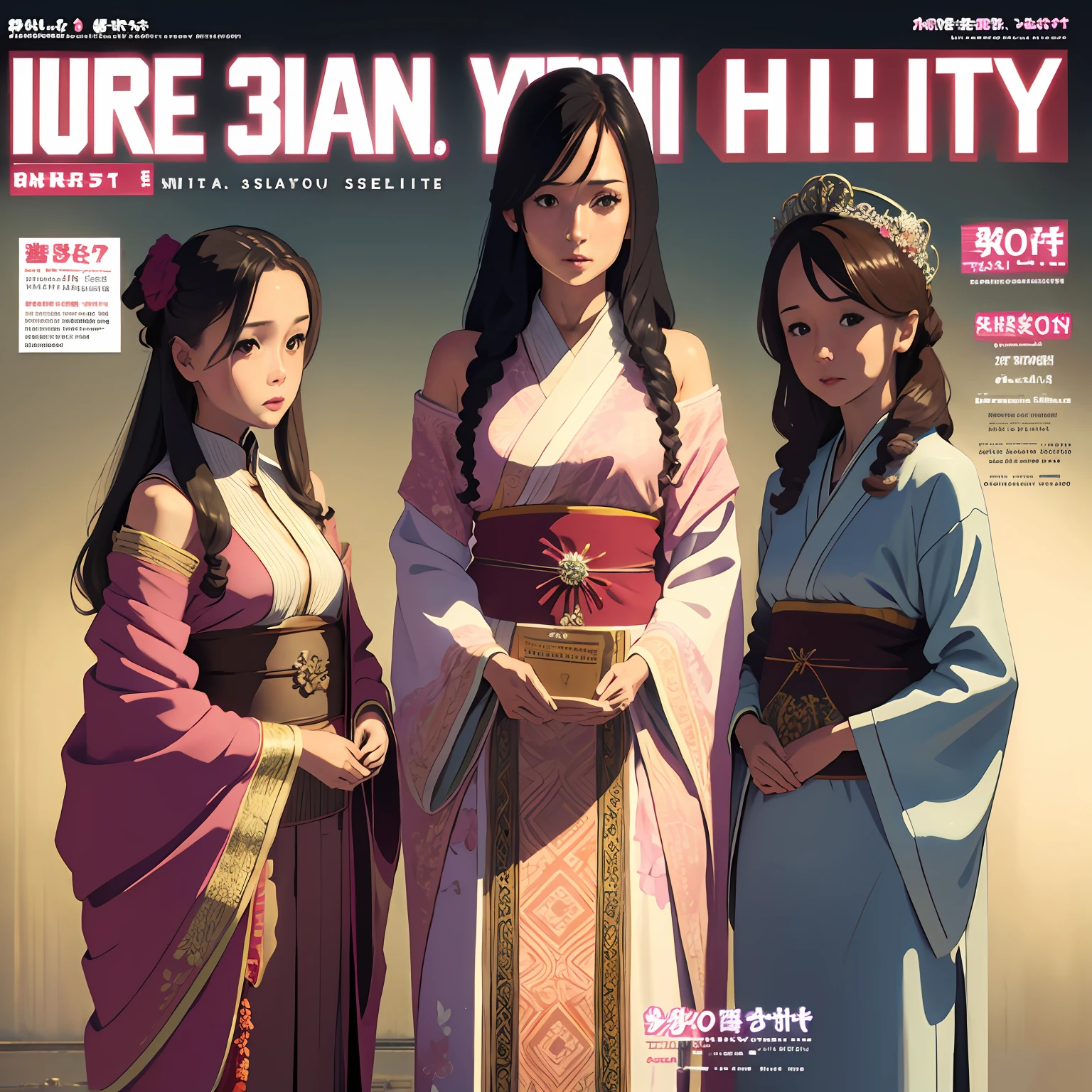 Best quality, high resolution, ultra detailed, suzume, magazine cover, beautiful, three girls standing