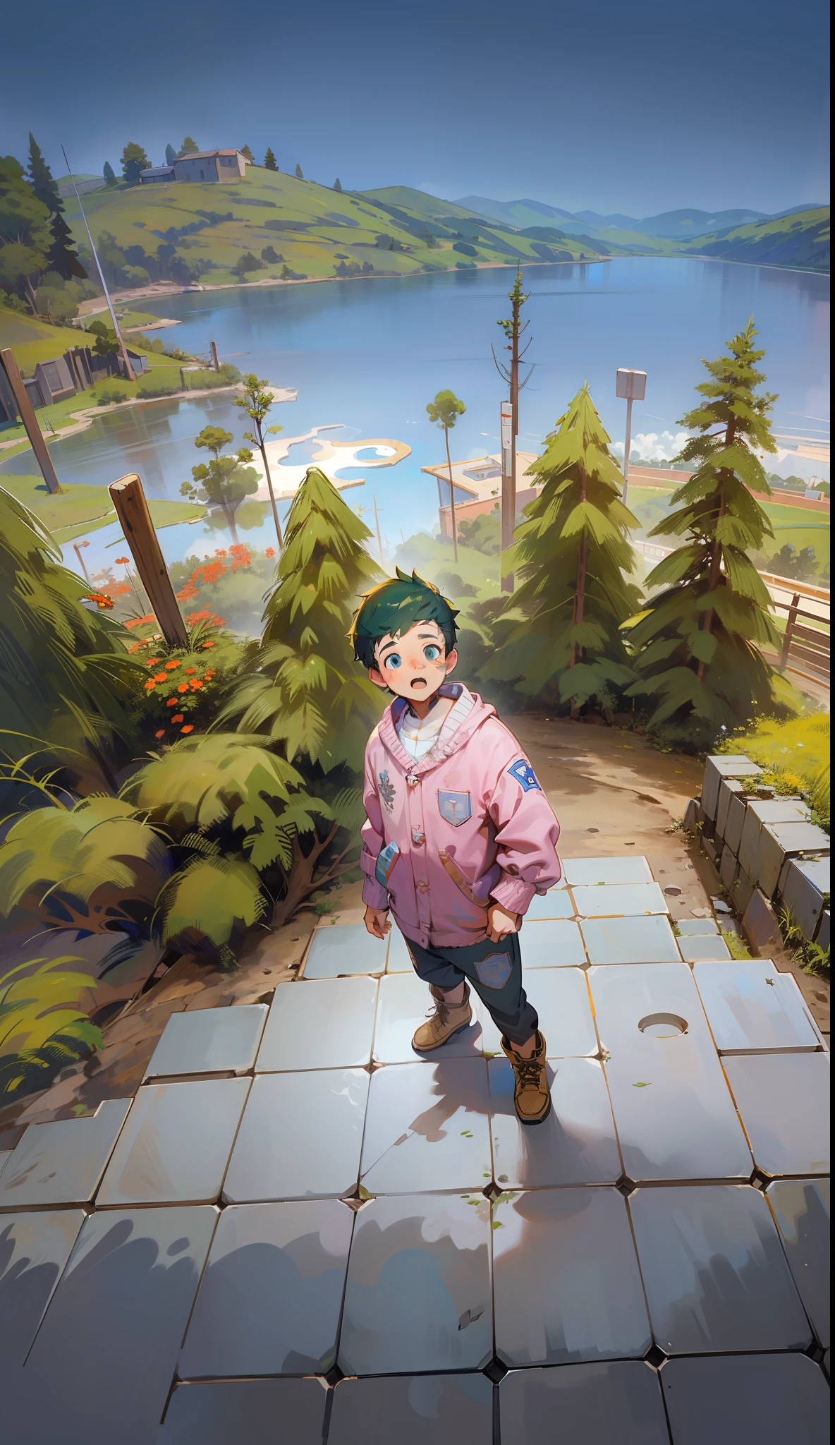A boy looking down on the ground from above the clouds, a surprised look of a boy,