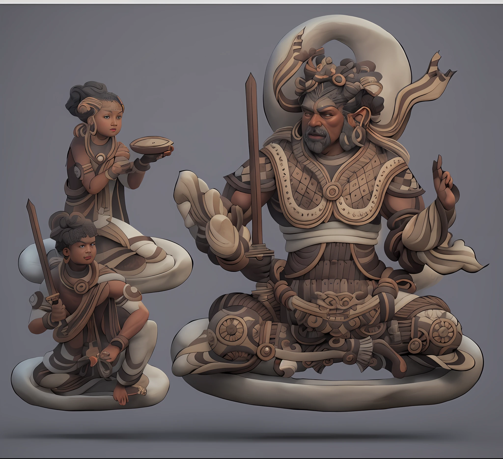 (1 Northern Boys)，Full body like，Stone Age，Primitive barbarian style，（2 Handmaids），（3d，Exquisite facial features，largeeyes，beauitful face，cropped legs），A shield，sandals，highly details eye，详细的脸, Black color hair，white backgrounid，character concept, character art，tmasterpiece，best qualtiy，Best resolution，8K，3Drenderingof，unreal-engine，Ray traching