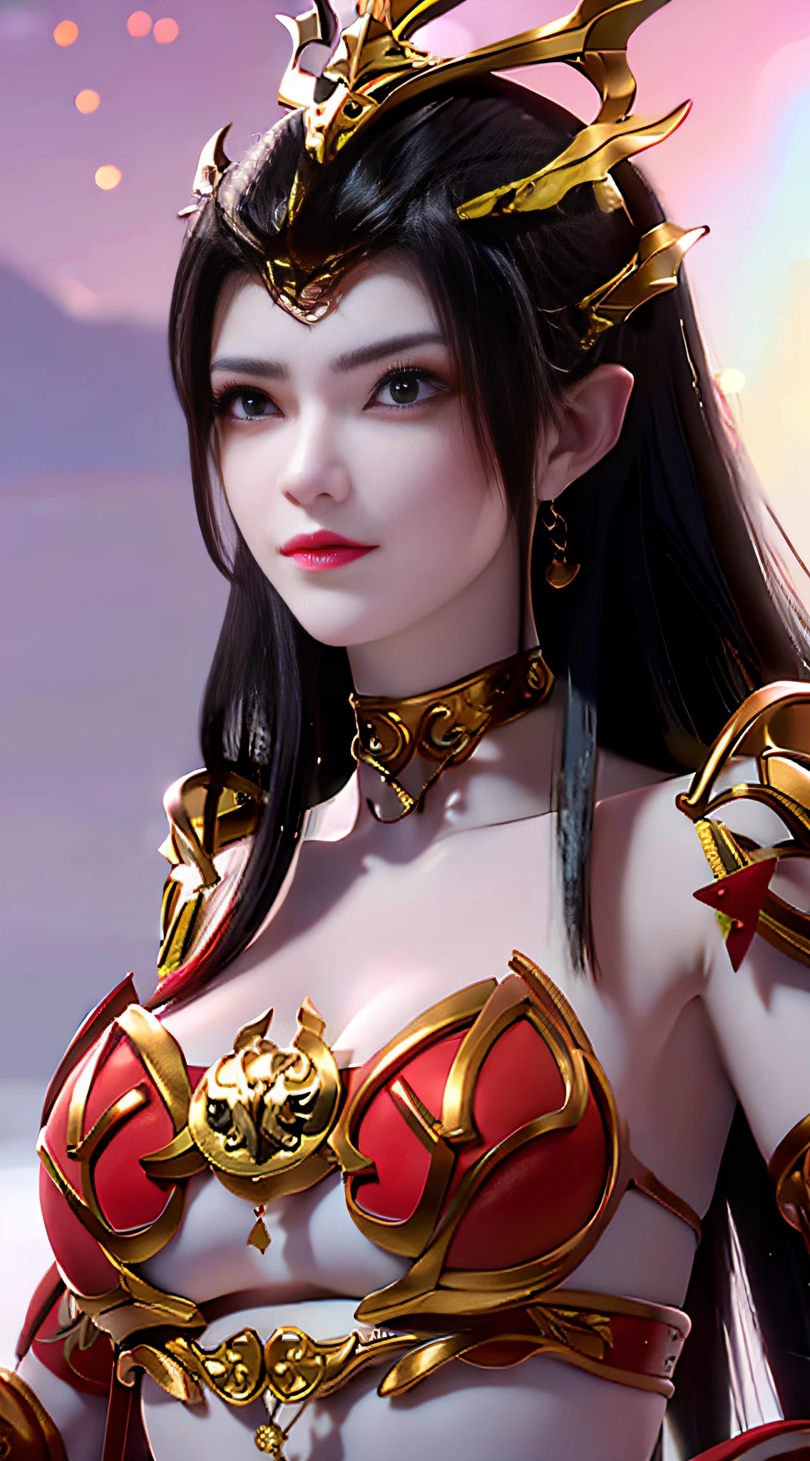 Need,tmasterpiece,brunette color hair,Golden eyes,Redcoat,Look up,full bodyesbian,Hairline,Fair skin,SideBraid,Red theme,Bikini swimwear,The steamed bun peak protrudes