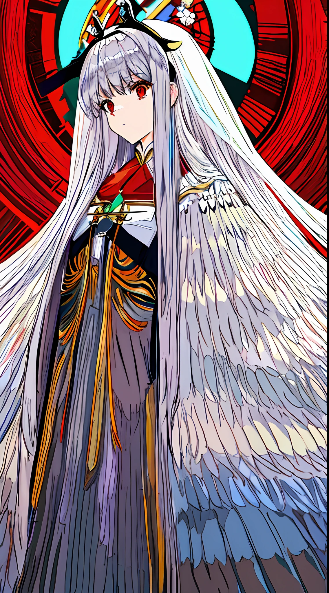 Masterpiece, Best quality, Flat color, limited palette, Low contrast,
1girll, serafuku, Long straight hair,Crucifixion,wedding_dress，cold Beauty,1girl,red eyes,long hair,hime_cut,{hair in takes},,white hair,silver_hair，
Garlic flowers, goat skull,
(Red, black)