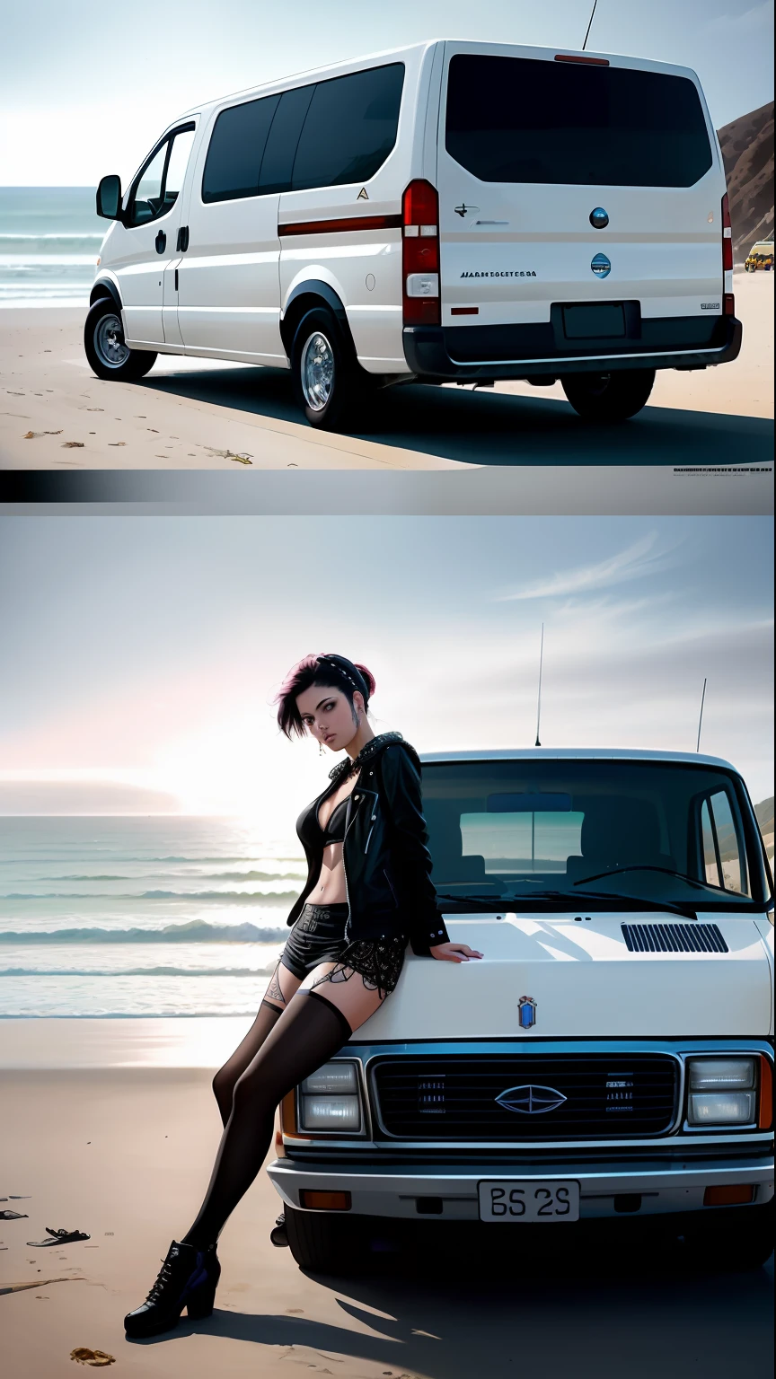 photo of the most beautiful artwork in the world featuring a modern punk woman, leaning against a van on a California beach, trending on ArtStation, CGSociety, Intricate, High Detail, Sharp focus, dramatic, photorealistic painting art by greg Rutkowski