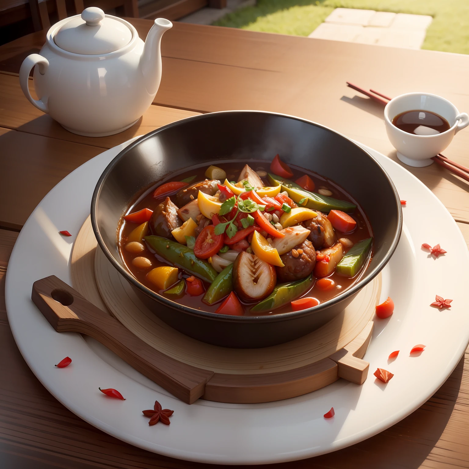 There are many different foods on the tray on the table, Then the table is littered with tasting dishes（For example, red peppers，star anise, etc）super realistic food picture, delicacy, ❤🔥🍄🌪, Chinese traditional, sichuan, in style of pan ren wei, 3. Joy, and the sun was shining brightly, Chinese, food commercial 4 k, Chinese small stir-fry, high quality food photography, 💣 💥💣 💥