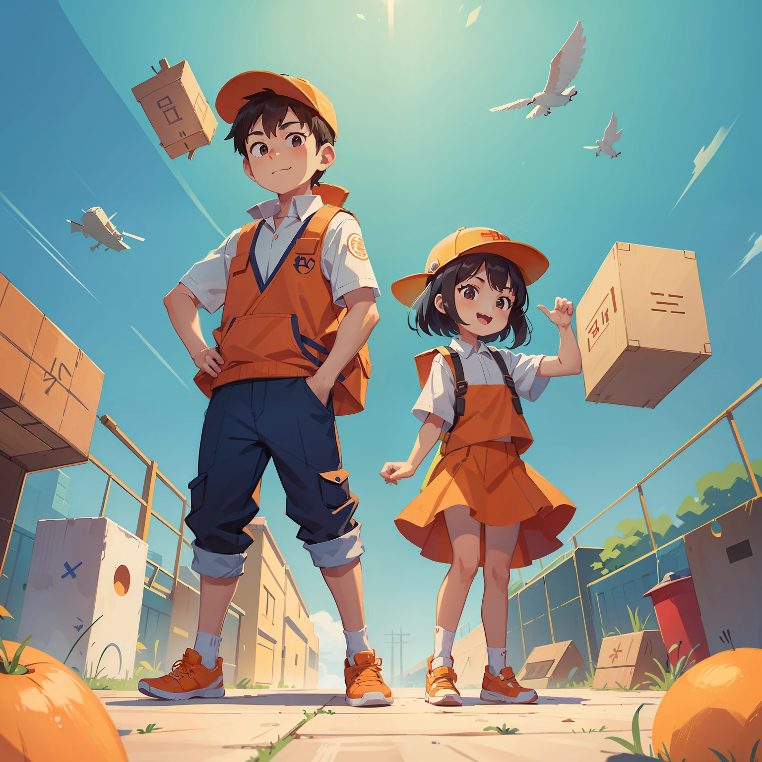 An Asian girl and an Asian boy standing ,Civil engineering uniforms，Orange hard hat，Construction sites，reflective vest，ssmile， Official illustration, Pose(Arms up + cheerfulness), Fashion clothing design style, firecore, strong use of color, plethora of colors，Orange sunlight，Anime art,Hip Hop Style - AR 2:3 --s 400 --Niji 5 author：Ryan Yee, Cute detailed digital art, author：Chen Jiesheng, Digital anime illustration, childrens art in artstation, lovely digital painting, Cartoon style illustration, Anime style illustration, lovely art style, Official illustration, official character illustration, by Yang J, Detailed fanart, 8 K cartoon illustration, A beautiful artwork illustration，Without background，